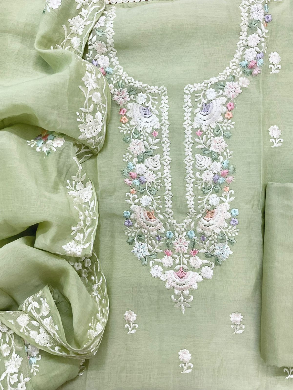 Pure Mul Chanderi Embroidered Suit - Green