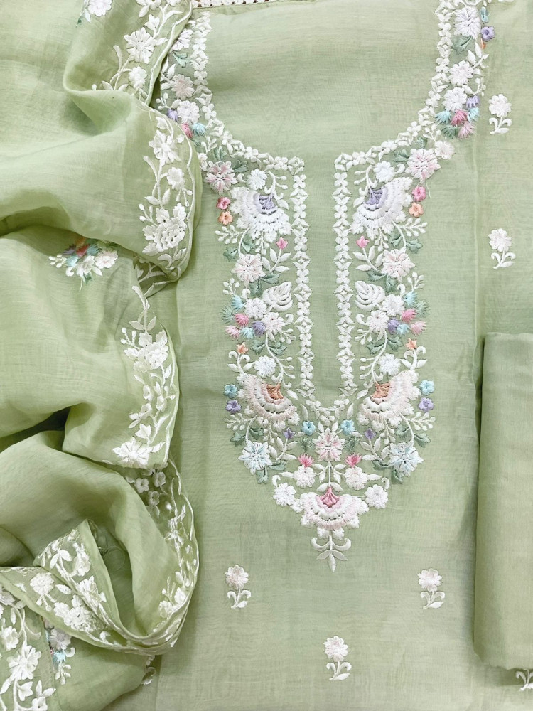 Image of Pure Mul Chanderi Embroidered Suit - Green