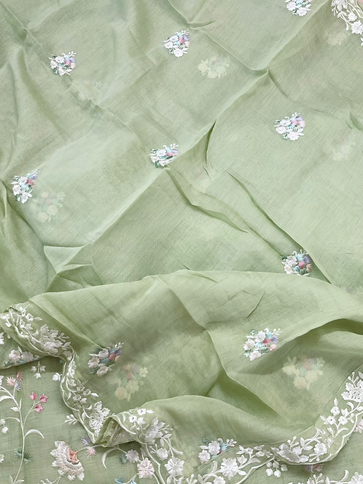 Pure Mul Chanderi Embroidered Suit - Green