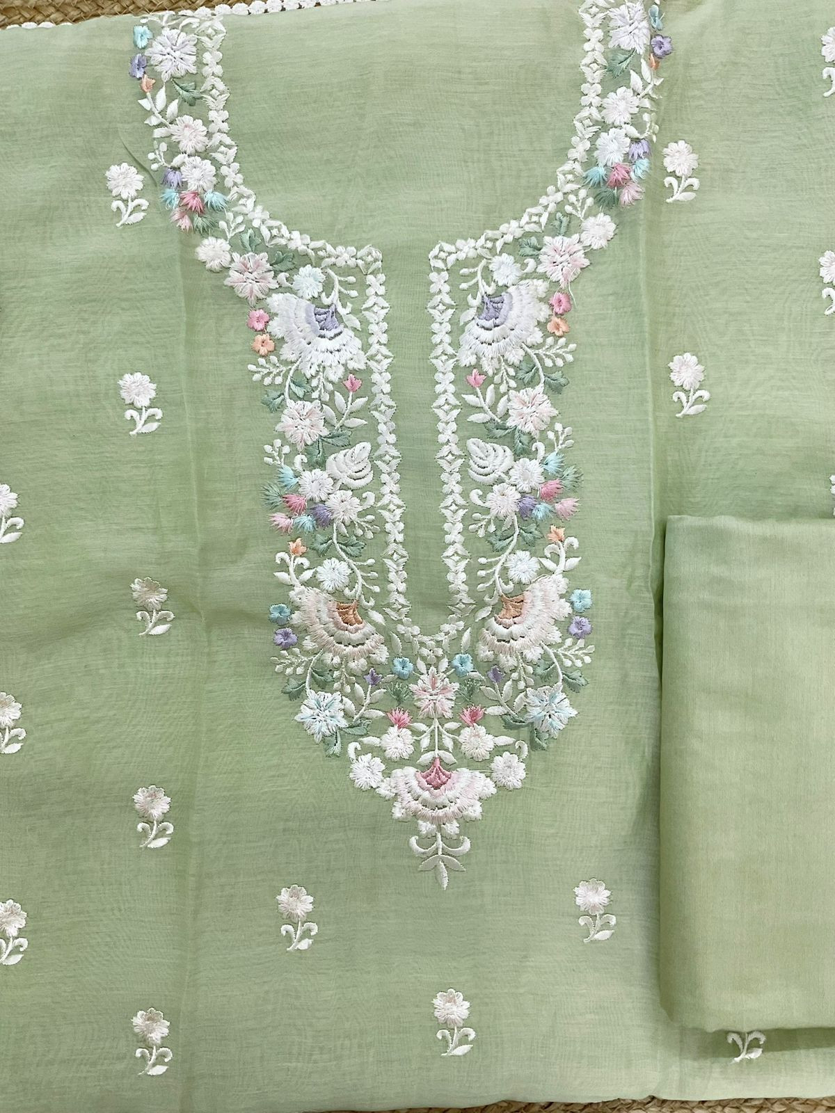 Pure Mul Chanderi Embroidered Suit - Green