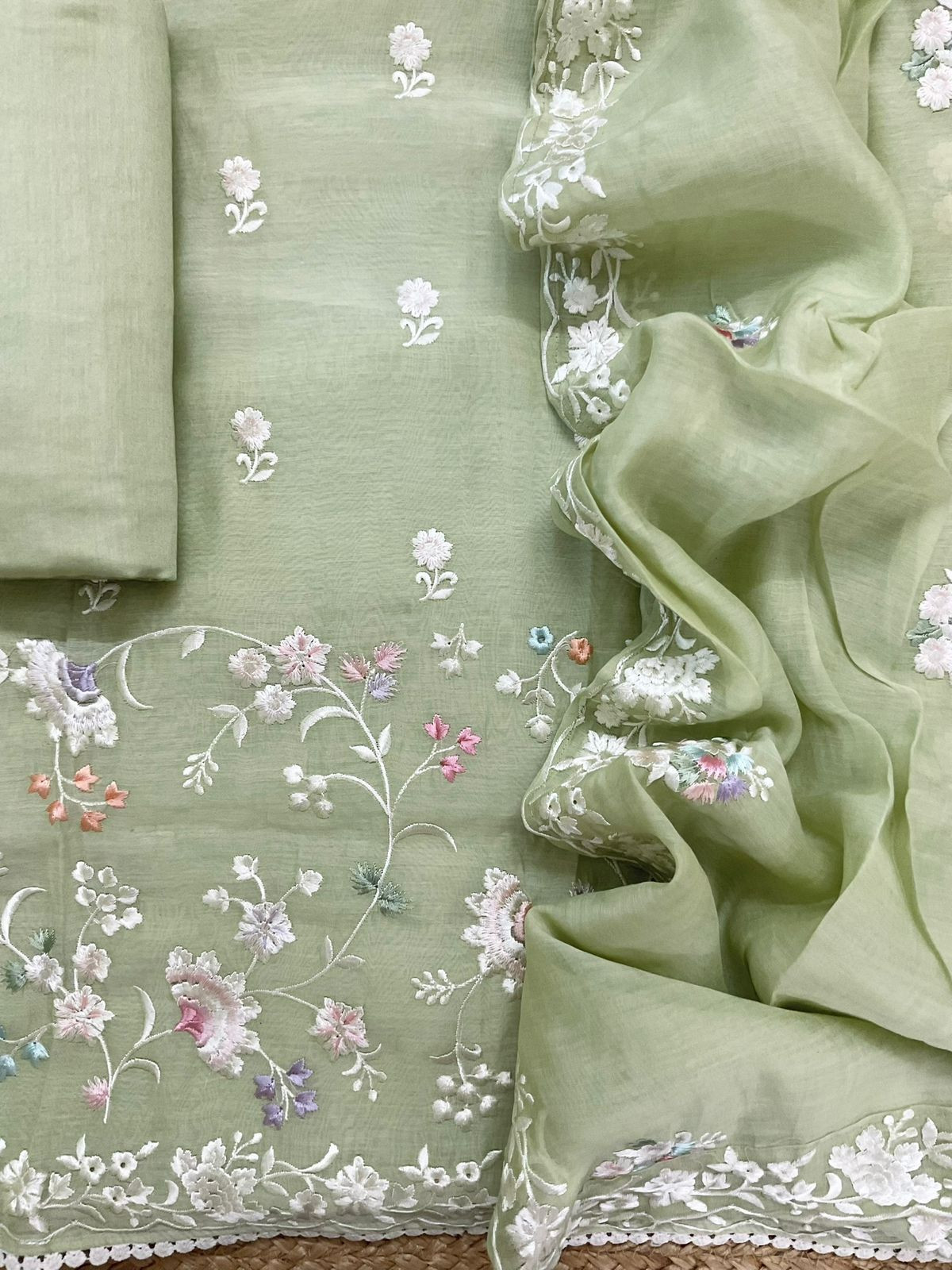 Pure Mul Chanderi Embroidered Suit - Green
