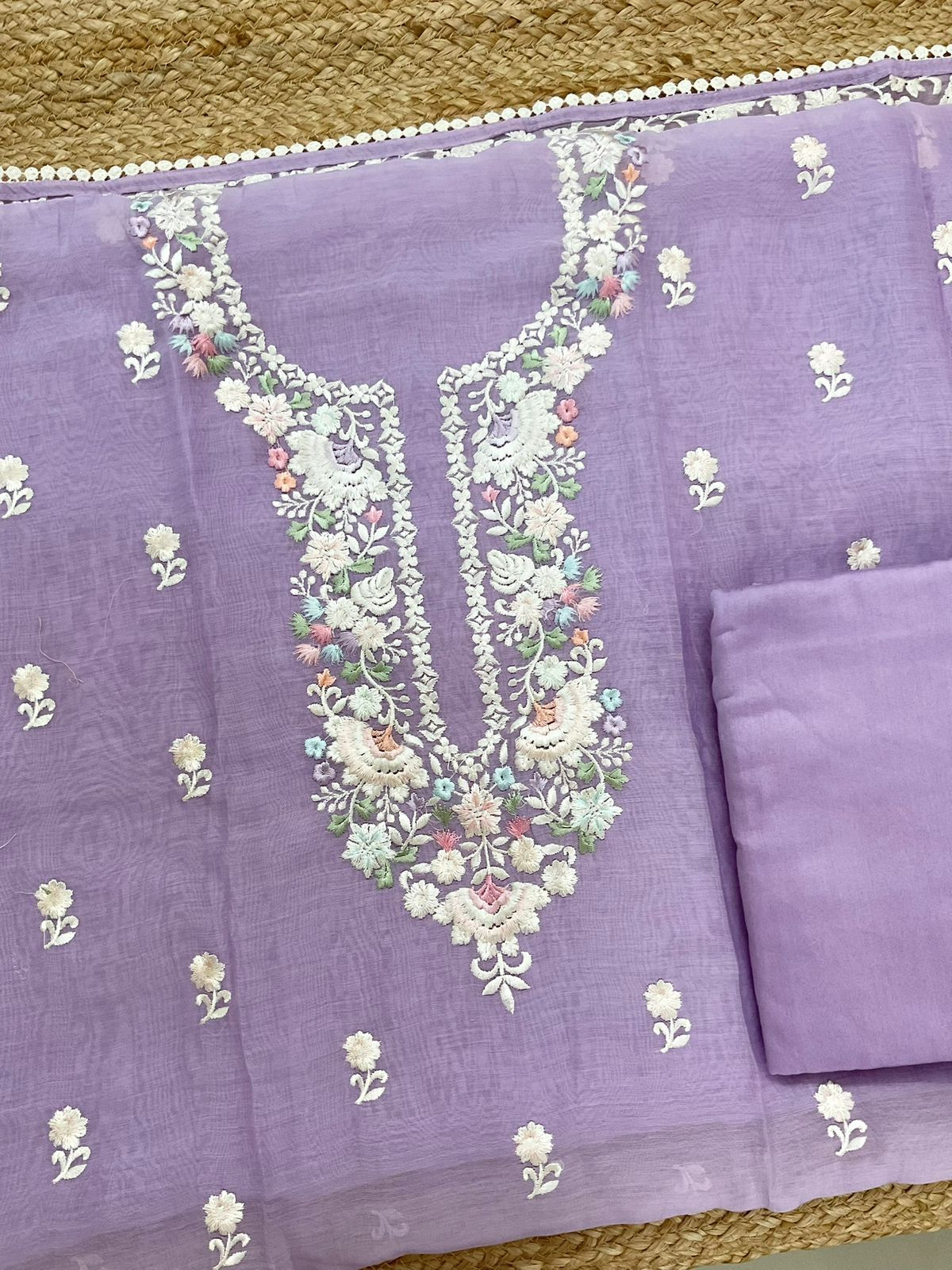 Pure Mul Chanderi Embroidered Suit - Lavender
