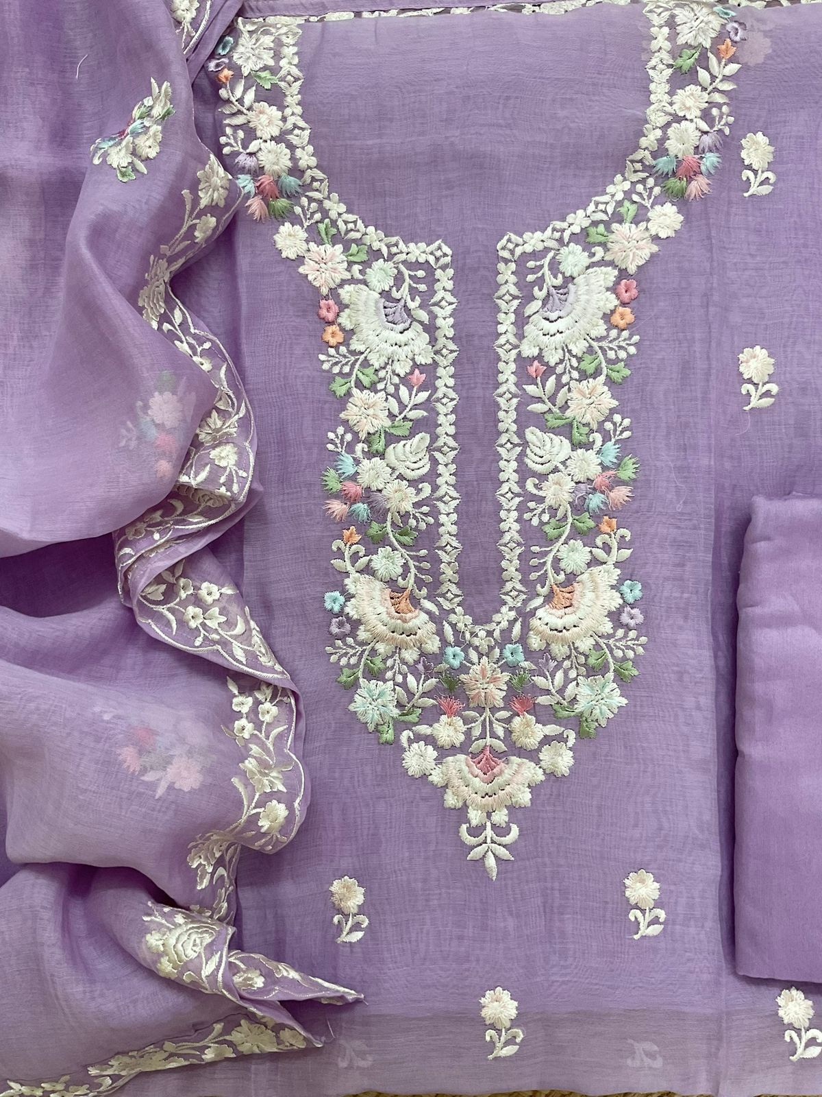 Pure Mul Chanderi Embroidered Suit - Lavender