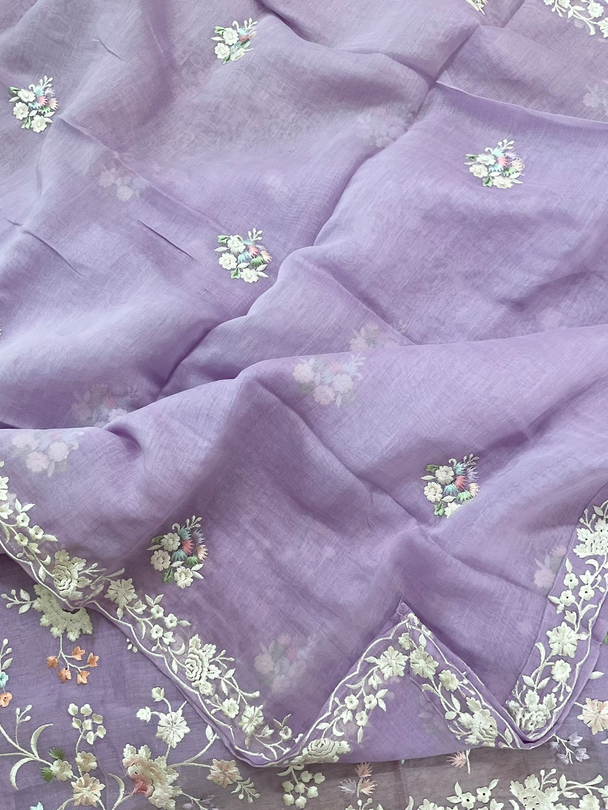 Pure Mul Chanderi Embroidered Suit - Lavender