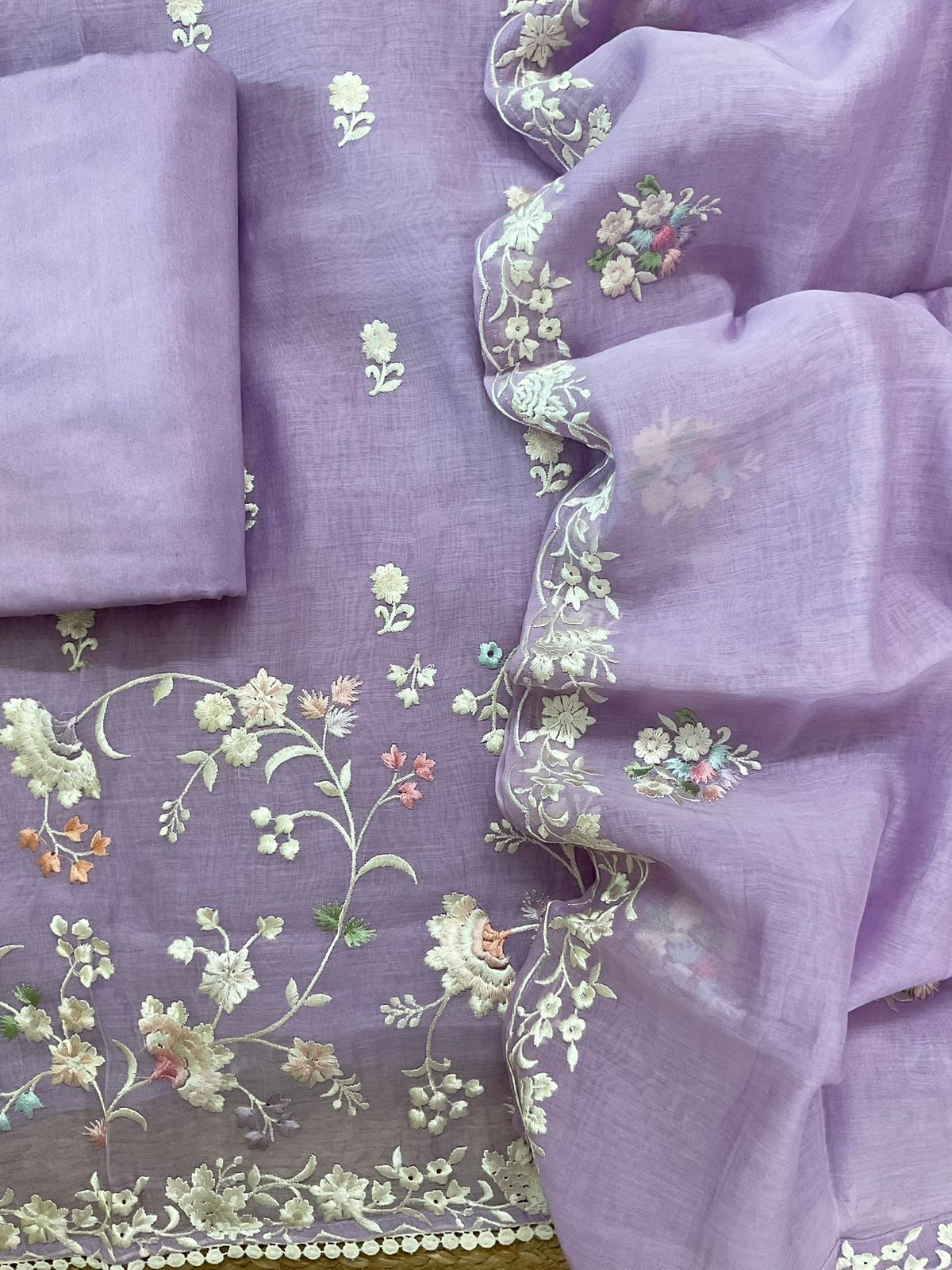 Pure Mul Chanderi Embroidered Suit - Lavender