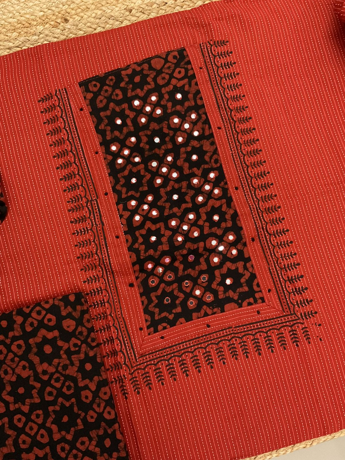 Pure Cotton Printed Self Weaved Embroidered Suit - Brick Red