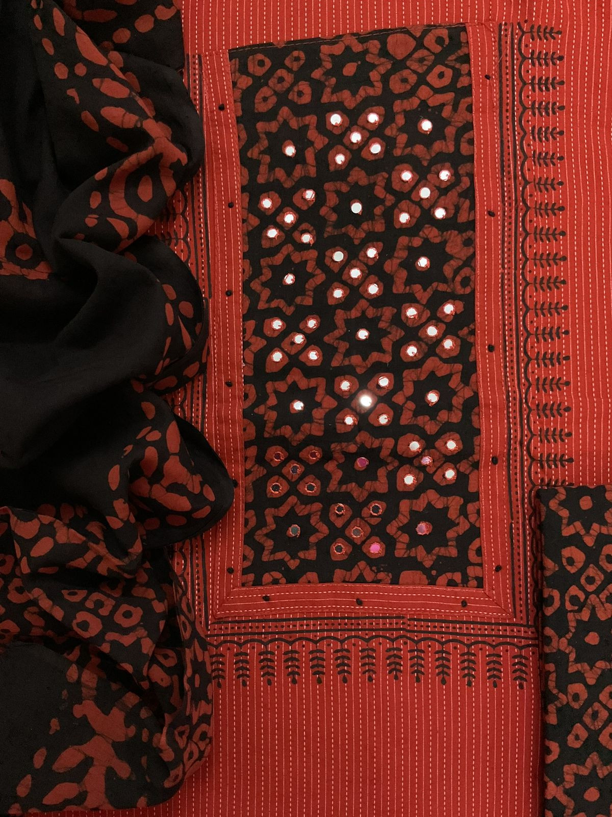 Pure Cotton Printed Self Weaved Embroidered Suit - Brick Red