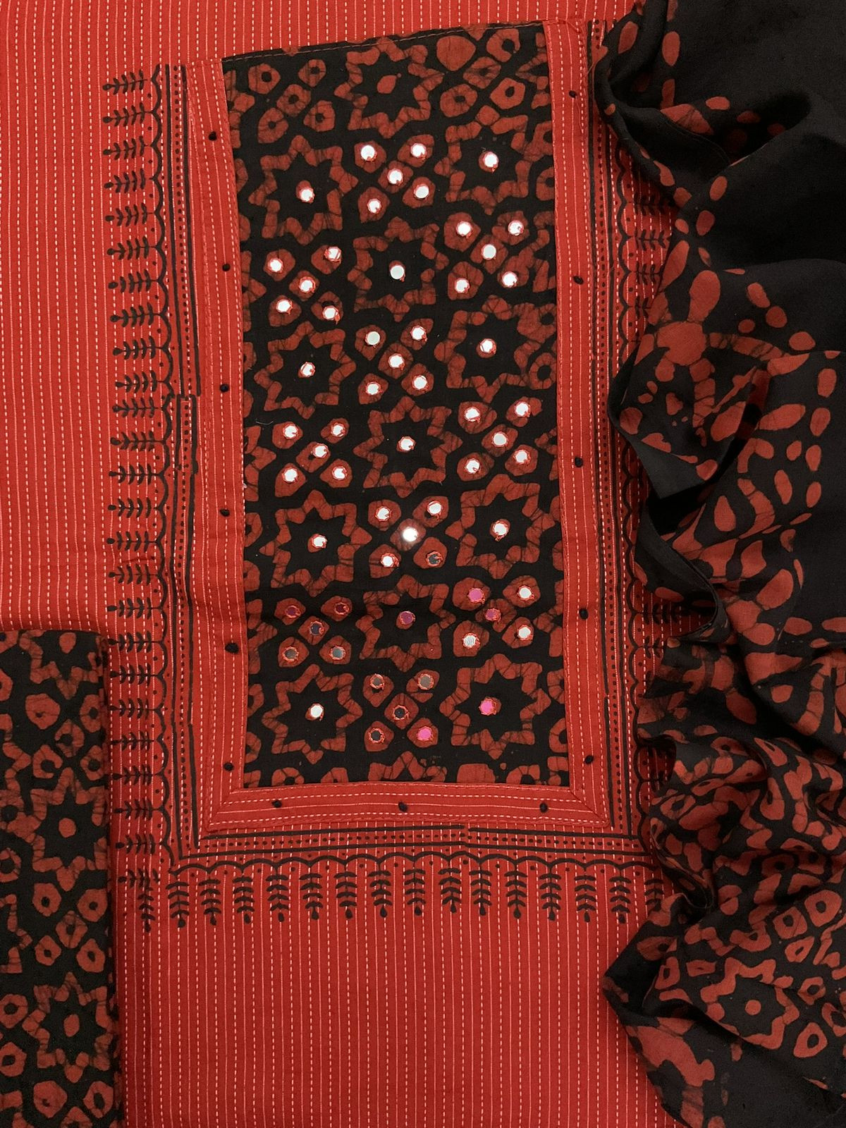 Pure Cotton Printed Self Weaved Embroidered Suit - Brick Red