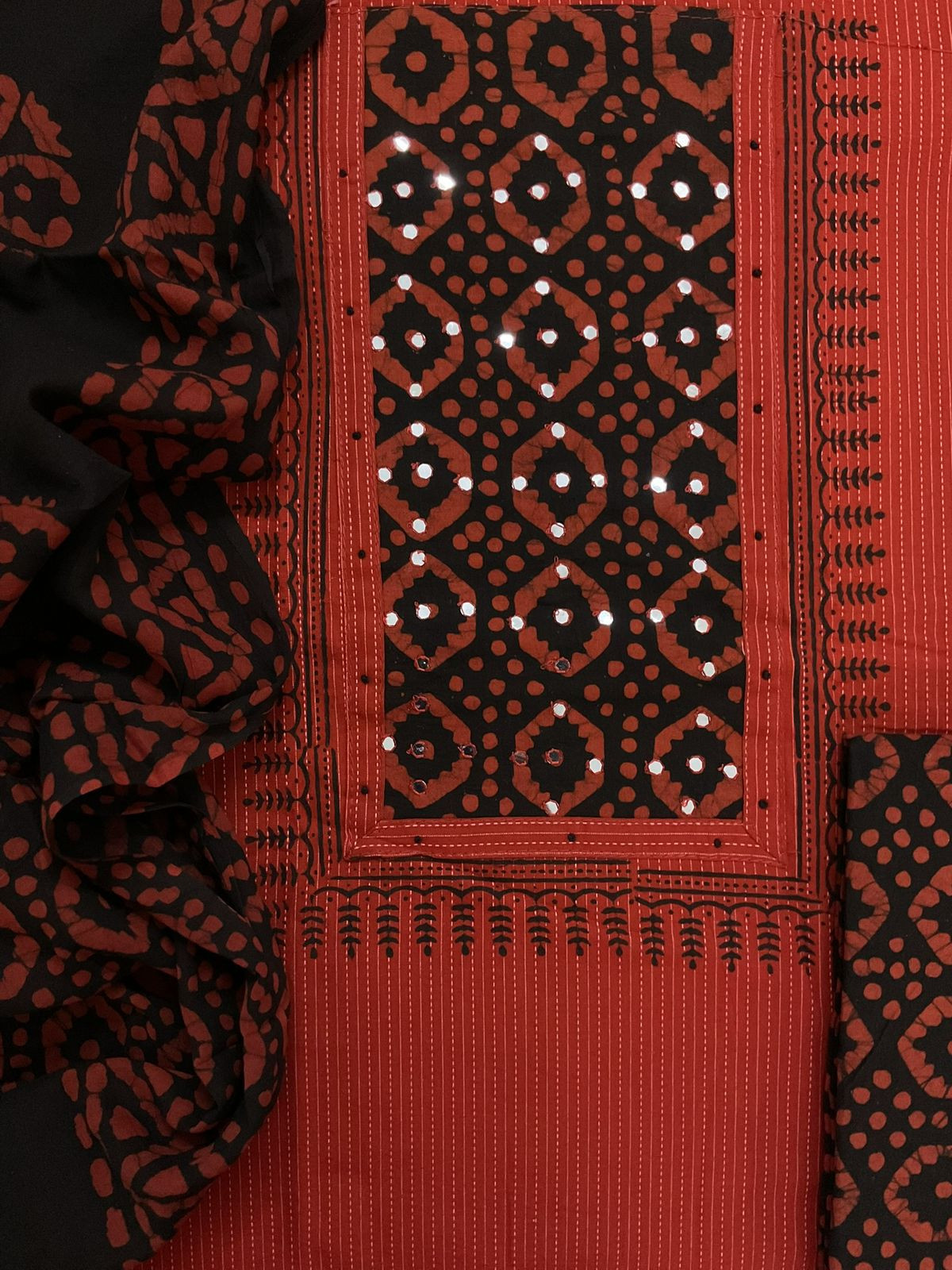 Pure Cotton Printed Self Weaved Embroidered Suit - Brick Red