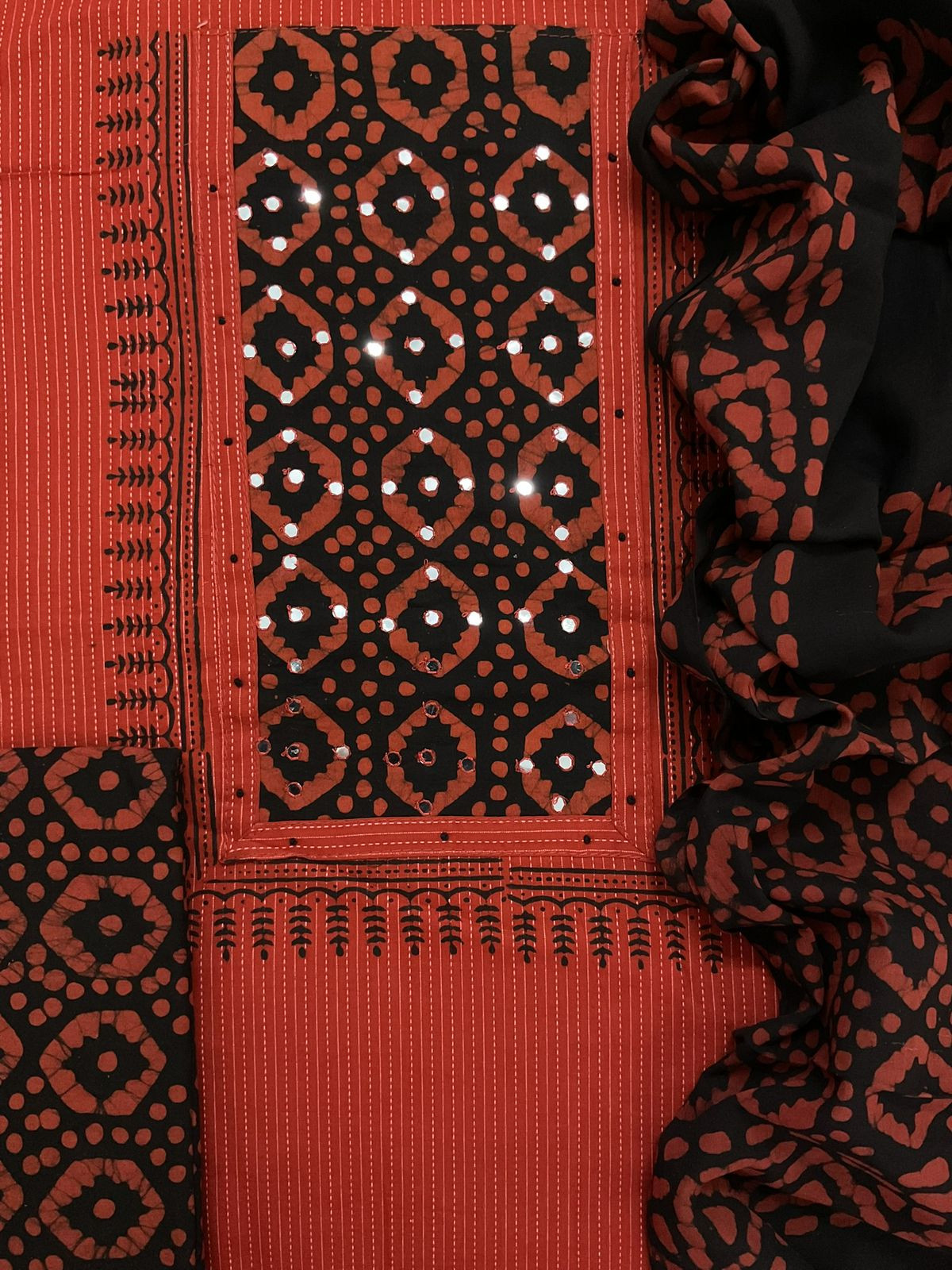 Pure Cotton Printed Self Weaved Embroidered Suit - Brick Red