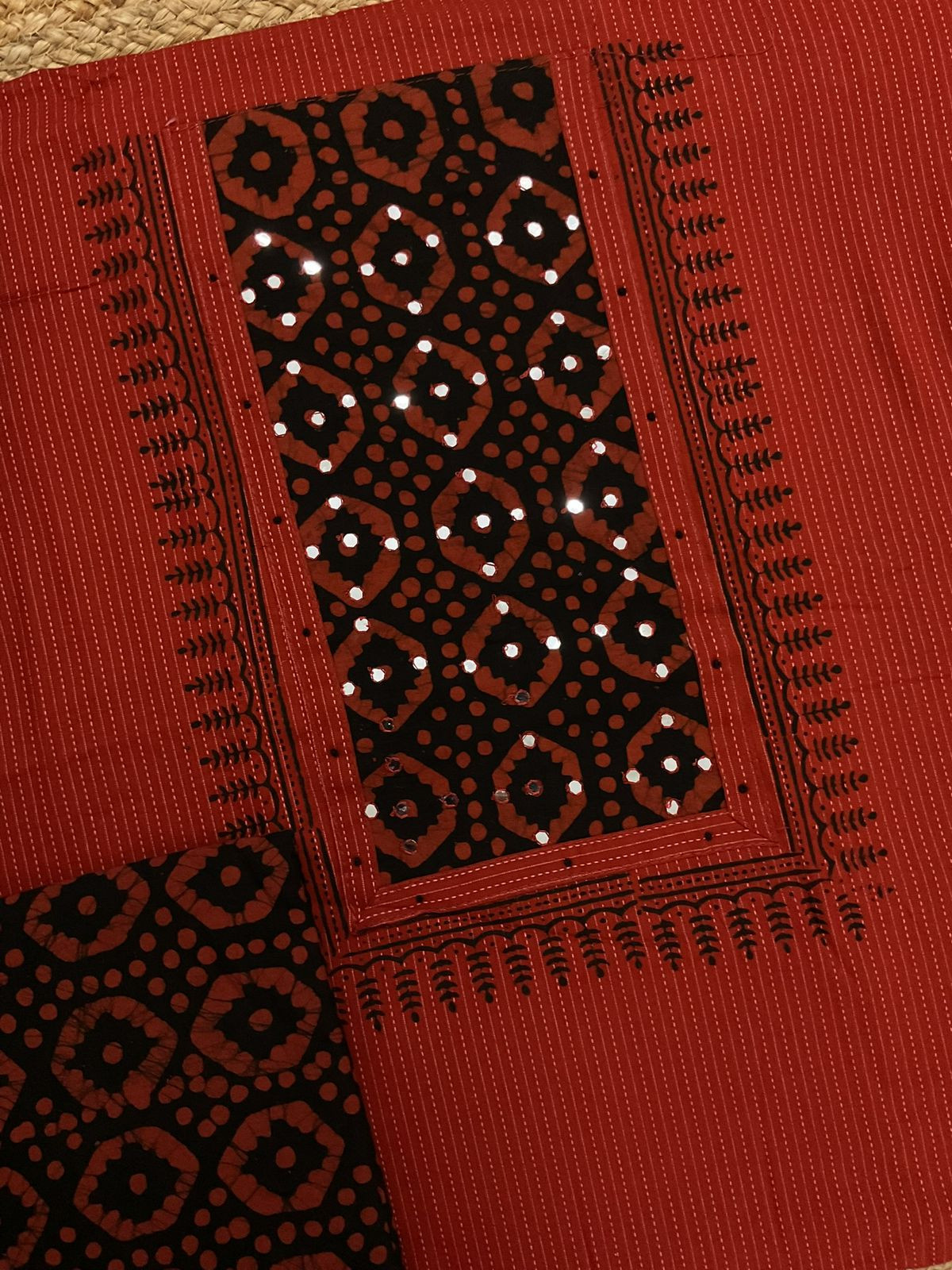 Pure Cotton Printed Self Weaved Embroidered Suit - Brick Red