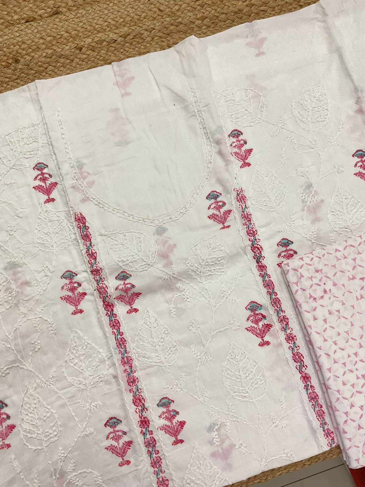 Pure Cotton Printed Embroidered Suit - White