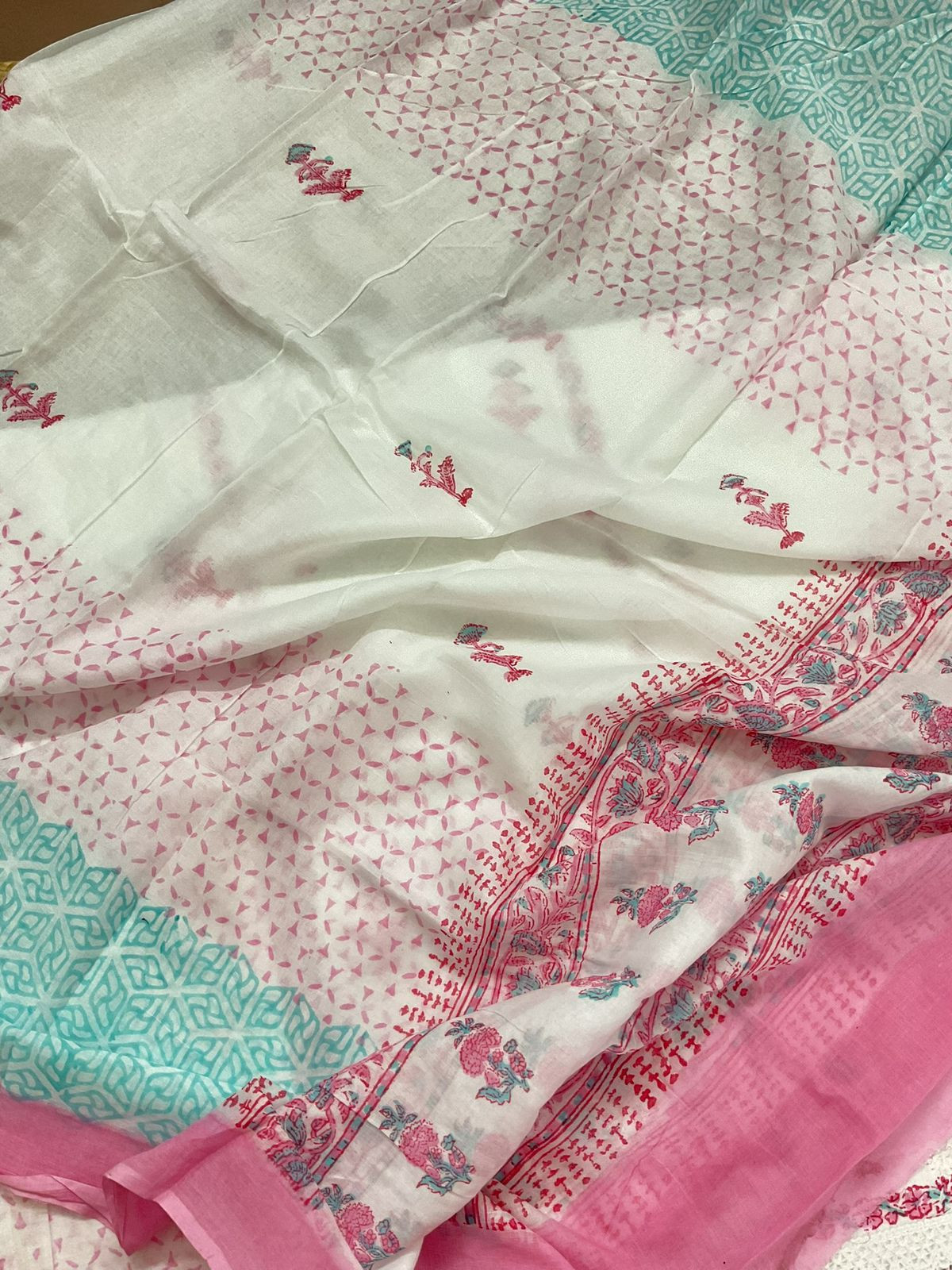 Pure Cotton Printed Embroidered Suit - White