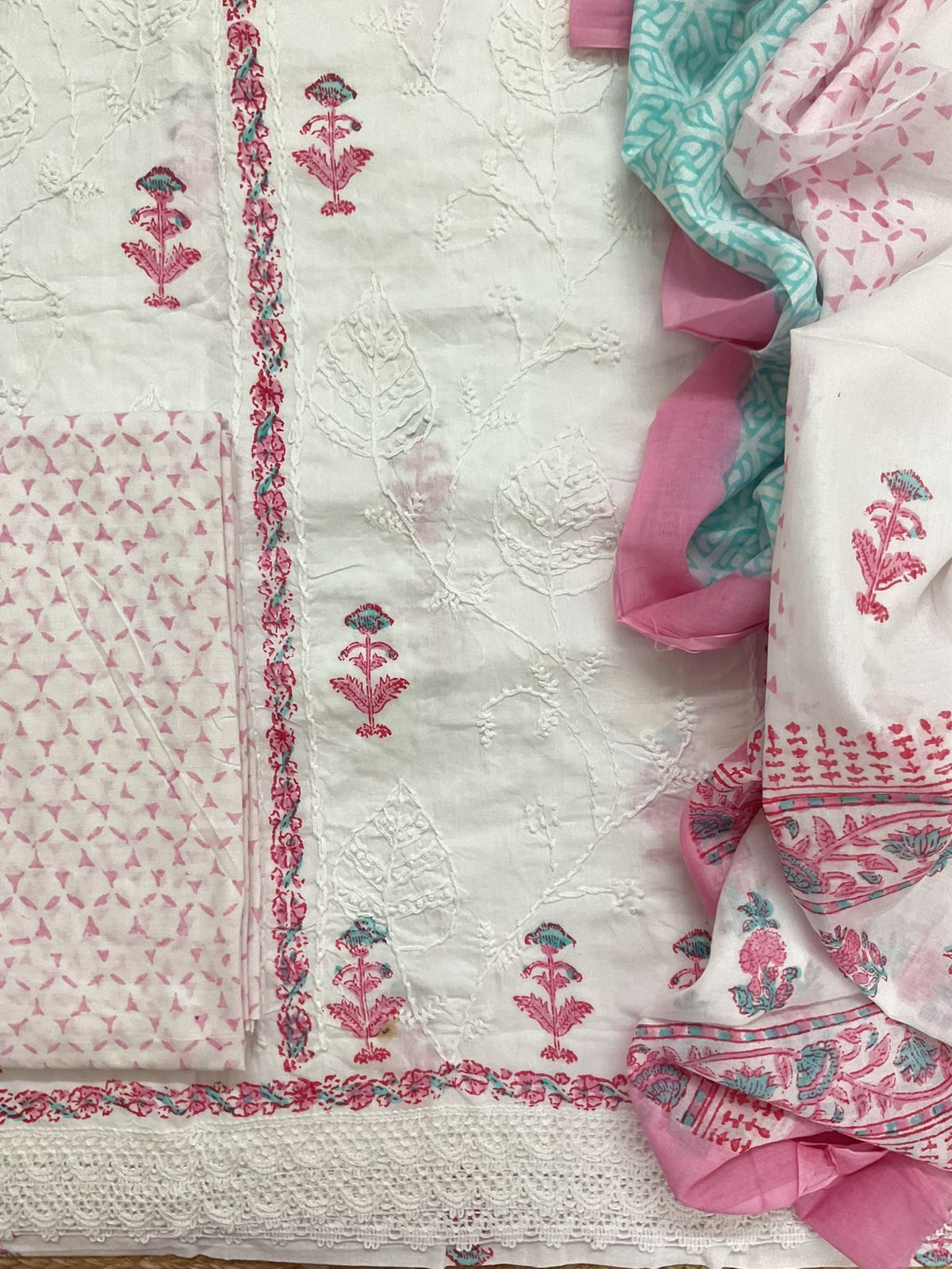 Pure Cotton Printed Embroidered Suit - White