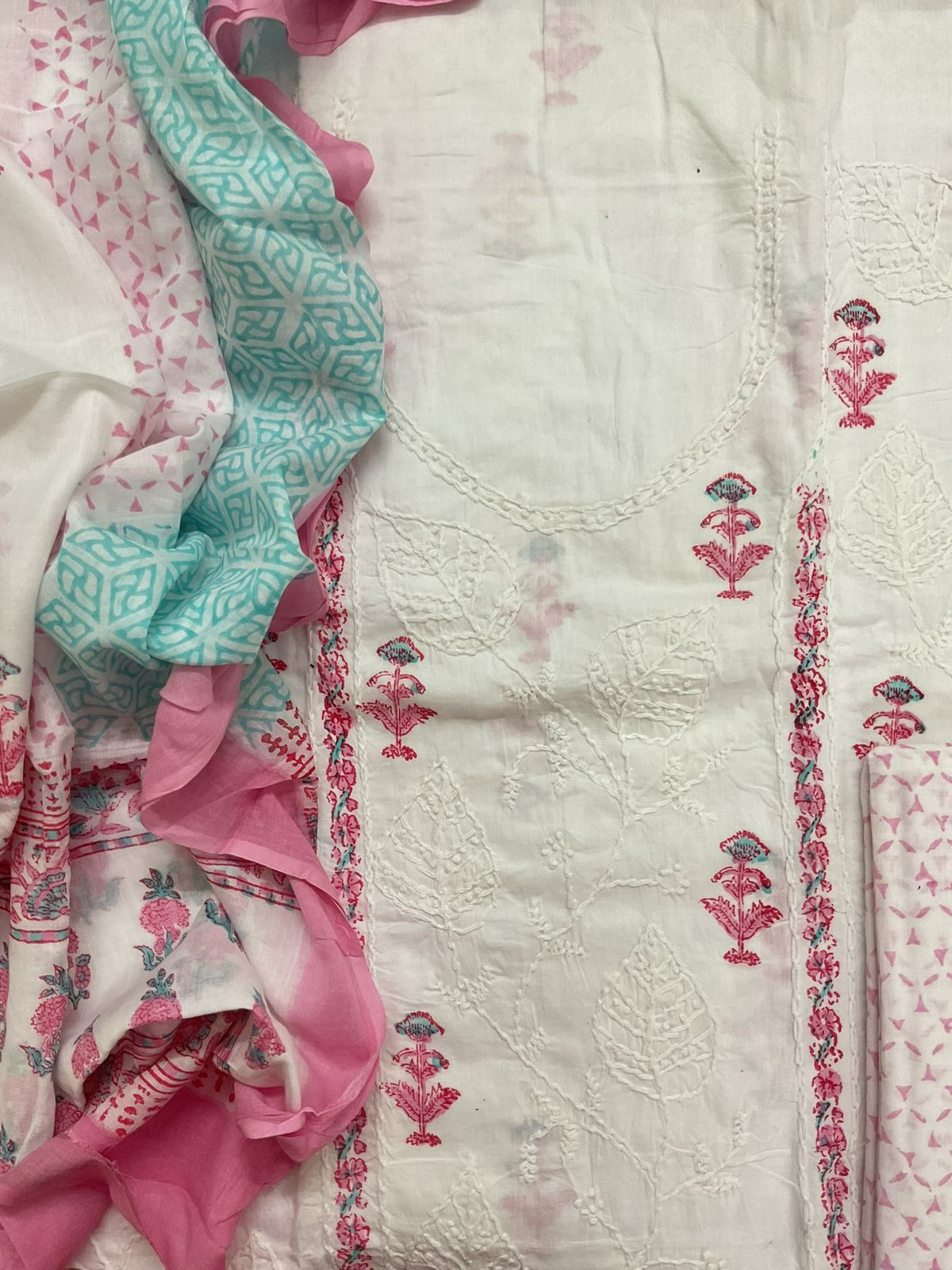 Pure Cotton Printed Embroidered Suit - White