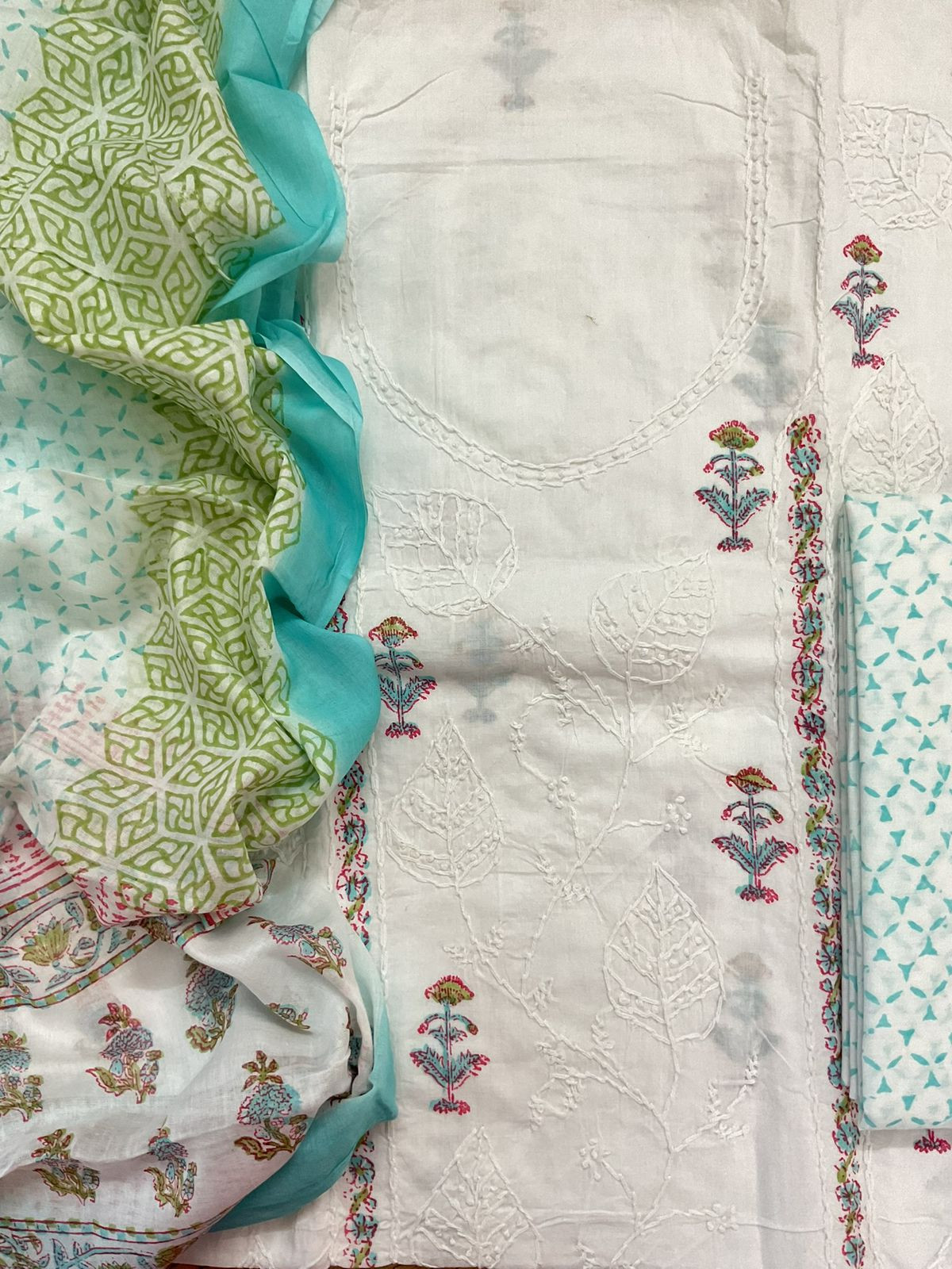 Pure Cotton Printed Embroidered Suit - White