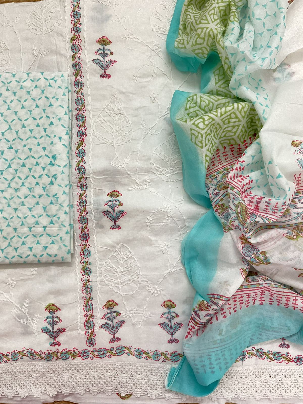Pure Cotton Printed Embroidered Suit - White