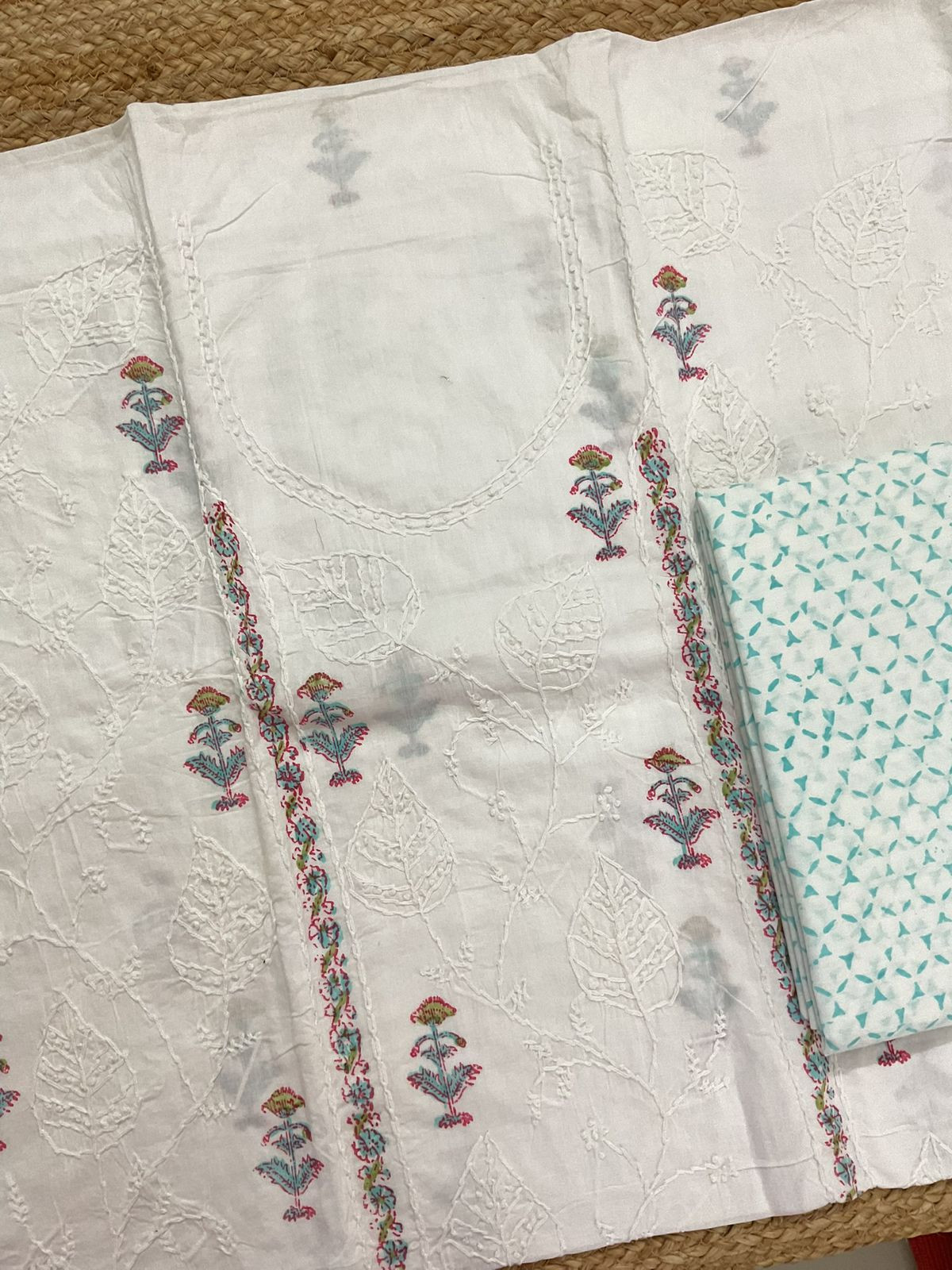 Pure Cotton Printed Embroidered Suit - White