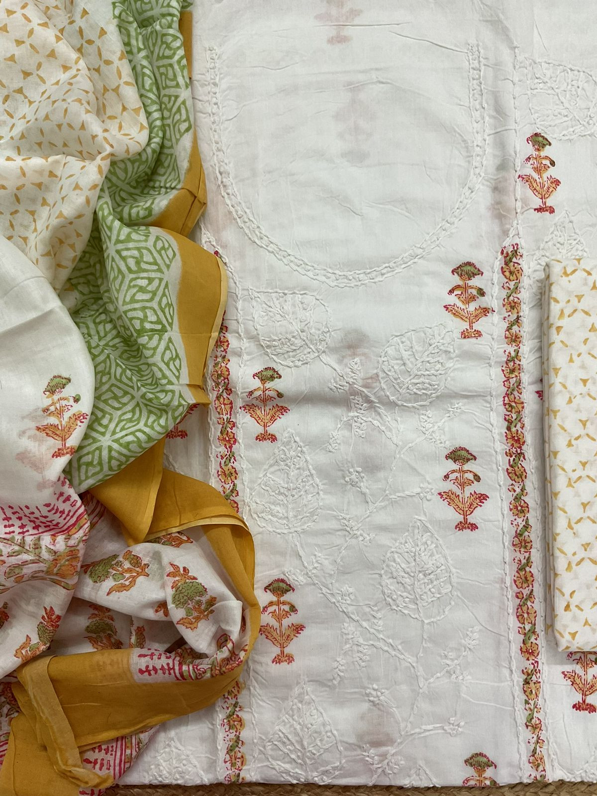 Pure Cotton Printed Embroidered Suit - White