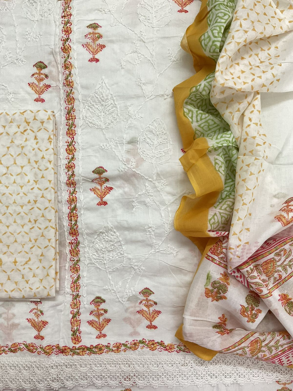 Pure Cotton Printed Embroidered Suit - White