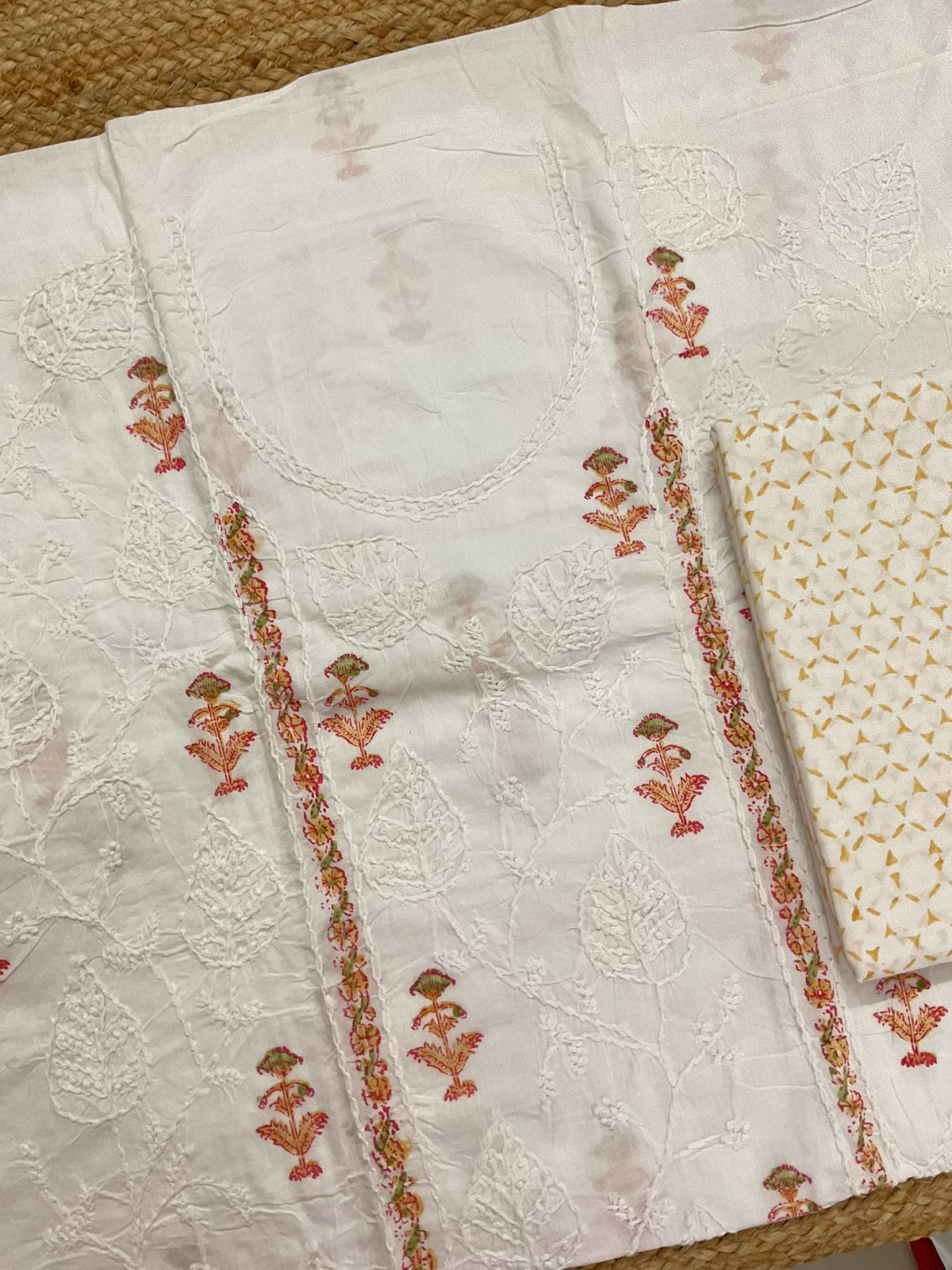 Pure Cotton Printed Embroidered Suit - White