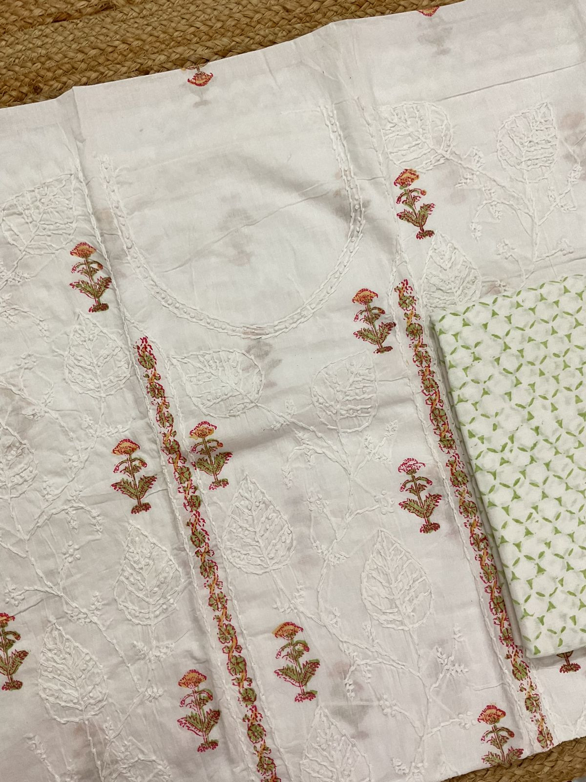 Pure Cotton Printed Embroidered Suit - White