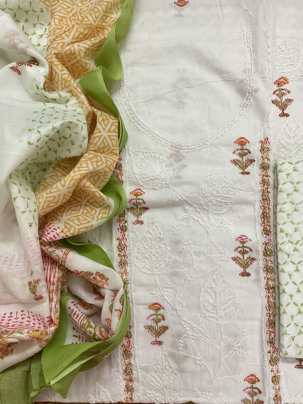 Pure Cotton Printed Embroidered Suit - White