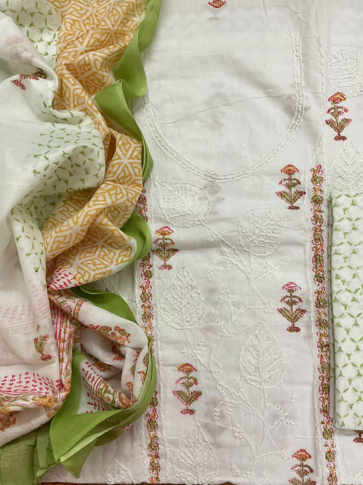 Image of Pure Cotton Printed Embroidered Suit - White