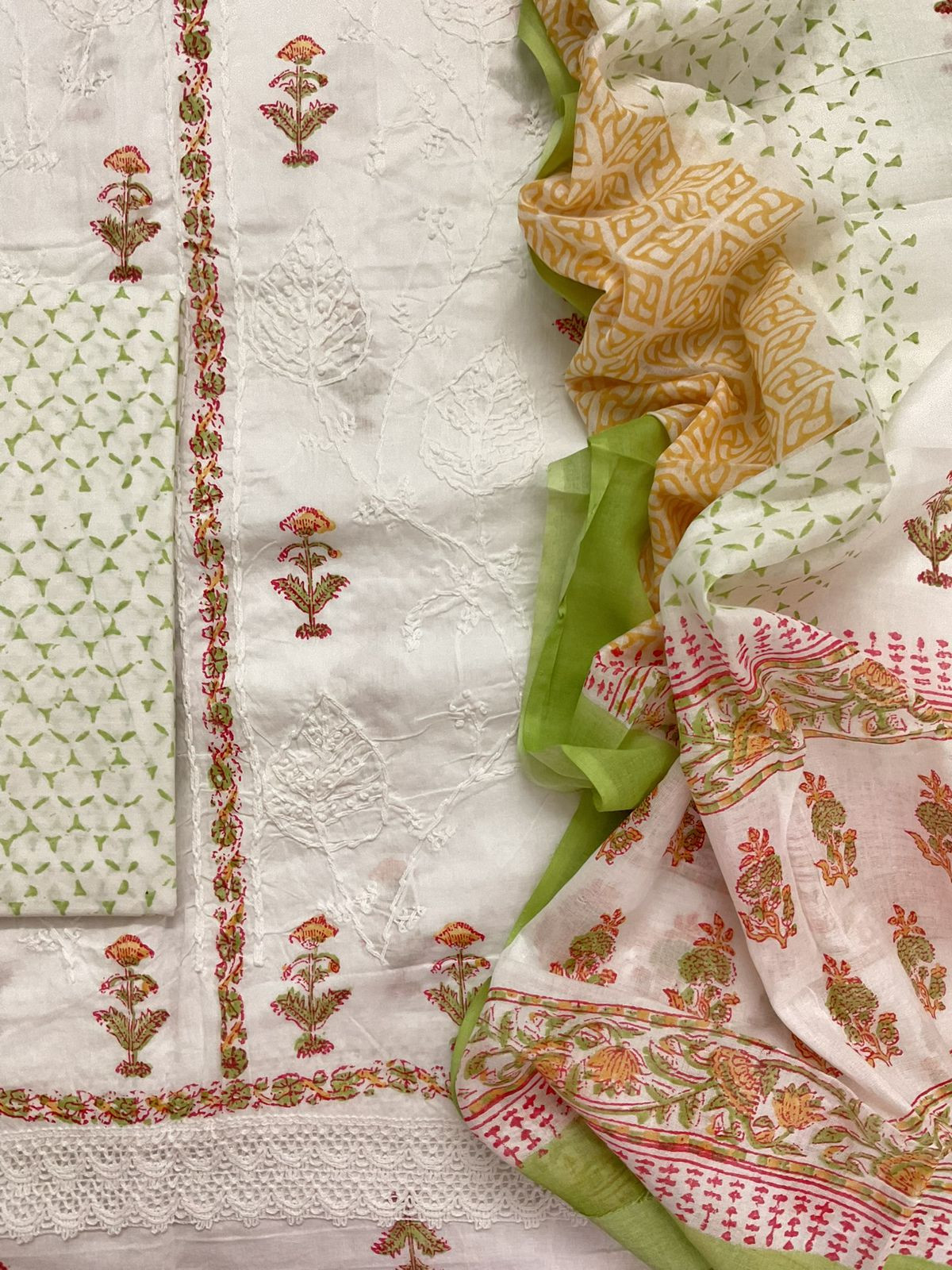 Pure Cotton Printed Embroidered Suit - White