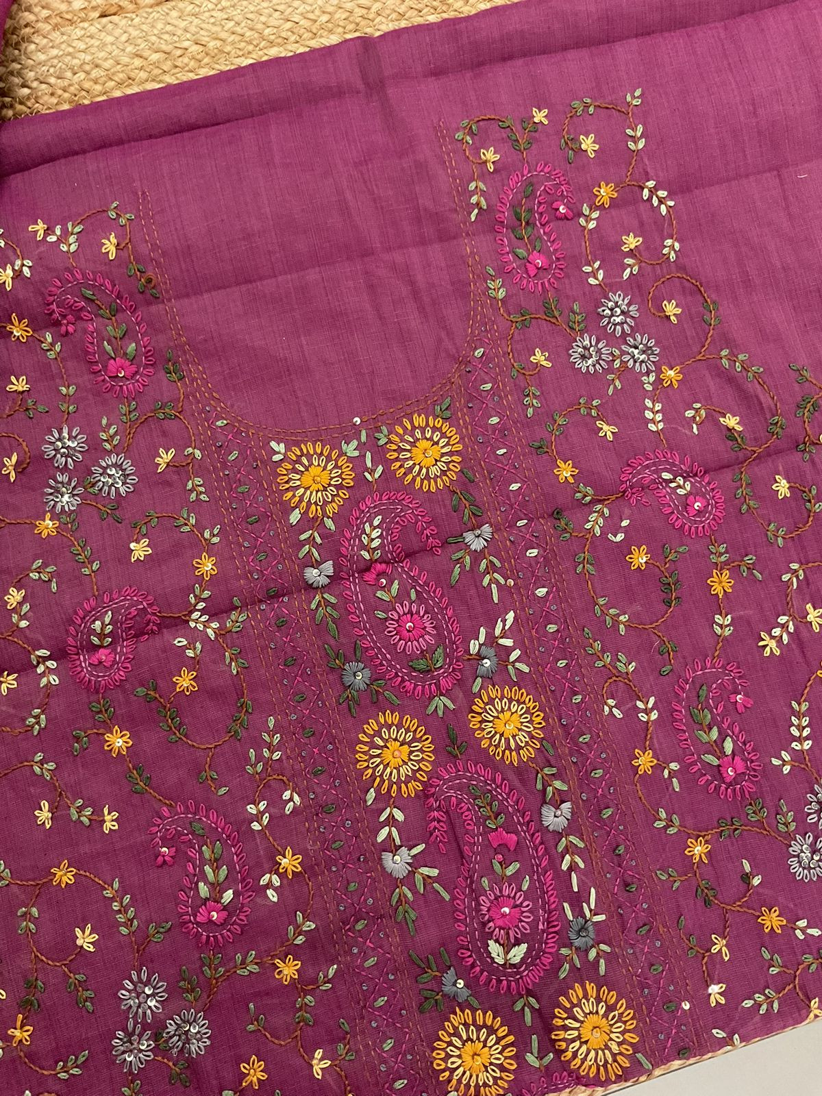 Pure Slub Cotton Kantha Work Suit - Wine