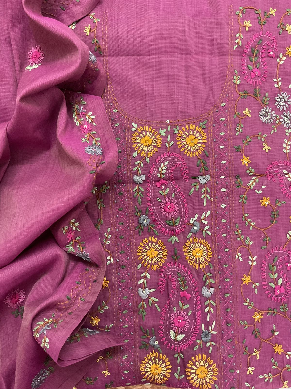 Pure Slub Cotton Kantha Work Suit - Wine