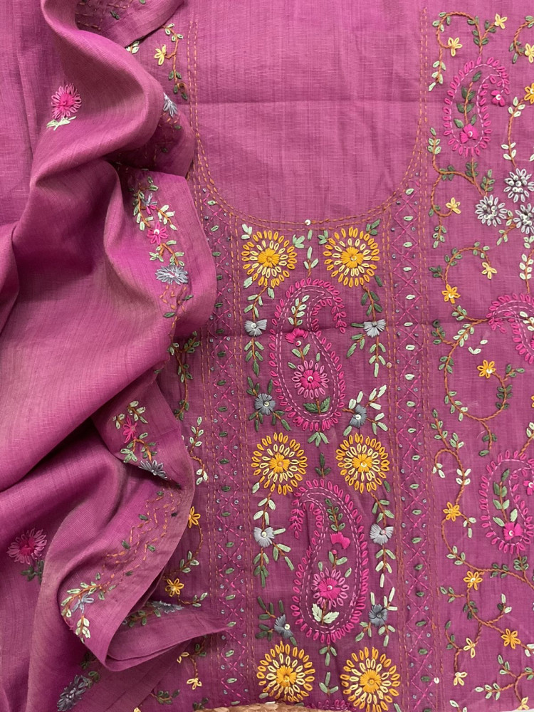 Image of Pure Slub Cotton Kantha Work Suit - Wine