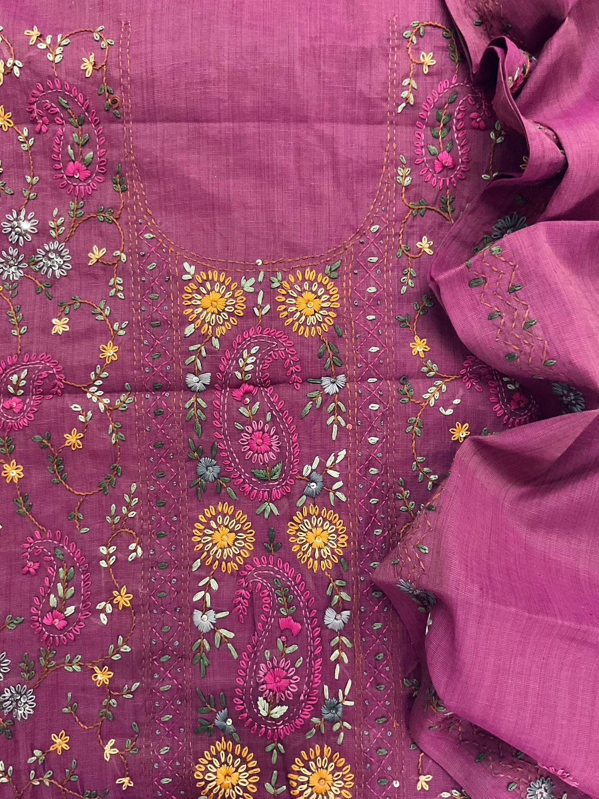 Pure Slub Cotton Kantha Work Suit - Wine