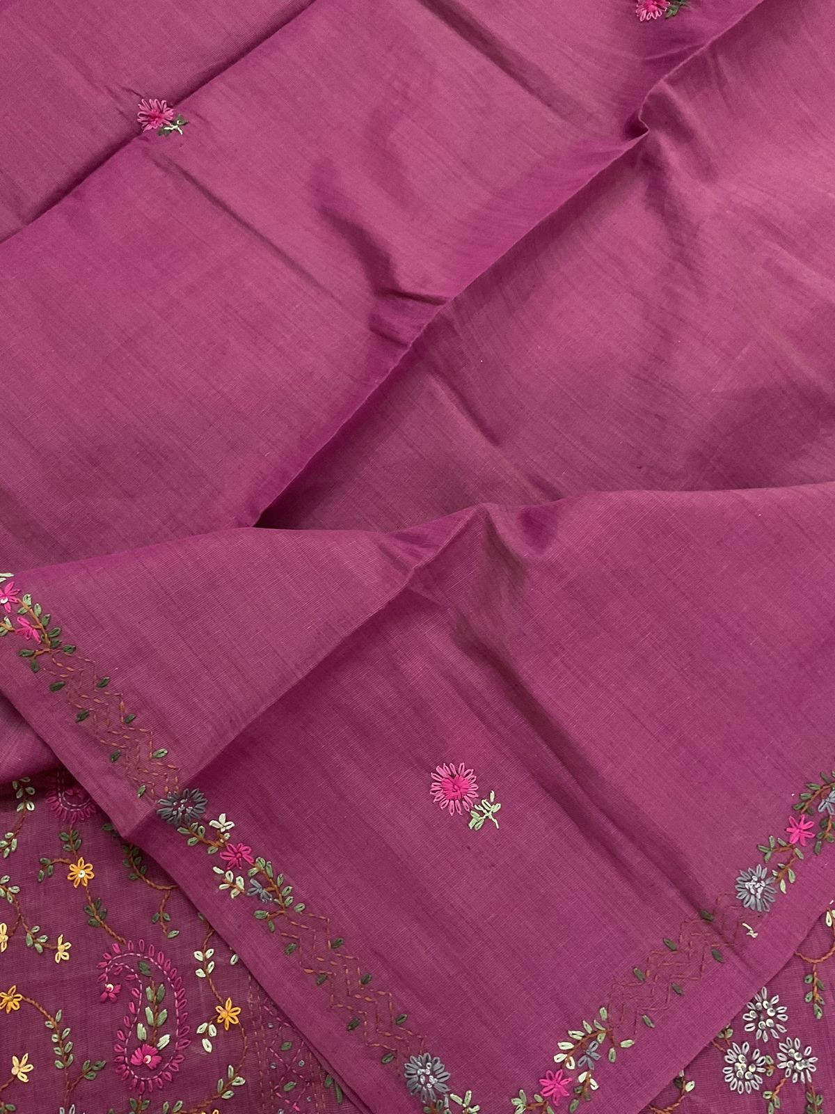 Pure Slub Cotton Kantha Work Suit - Wine