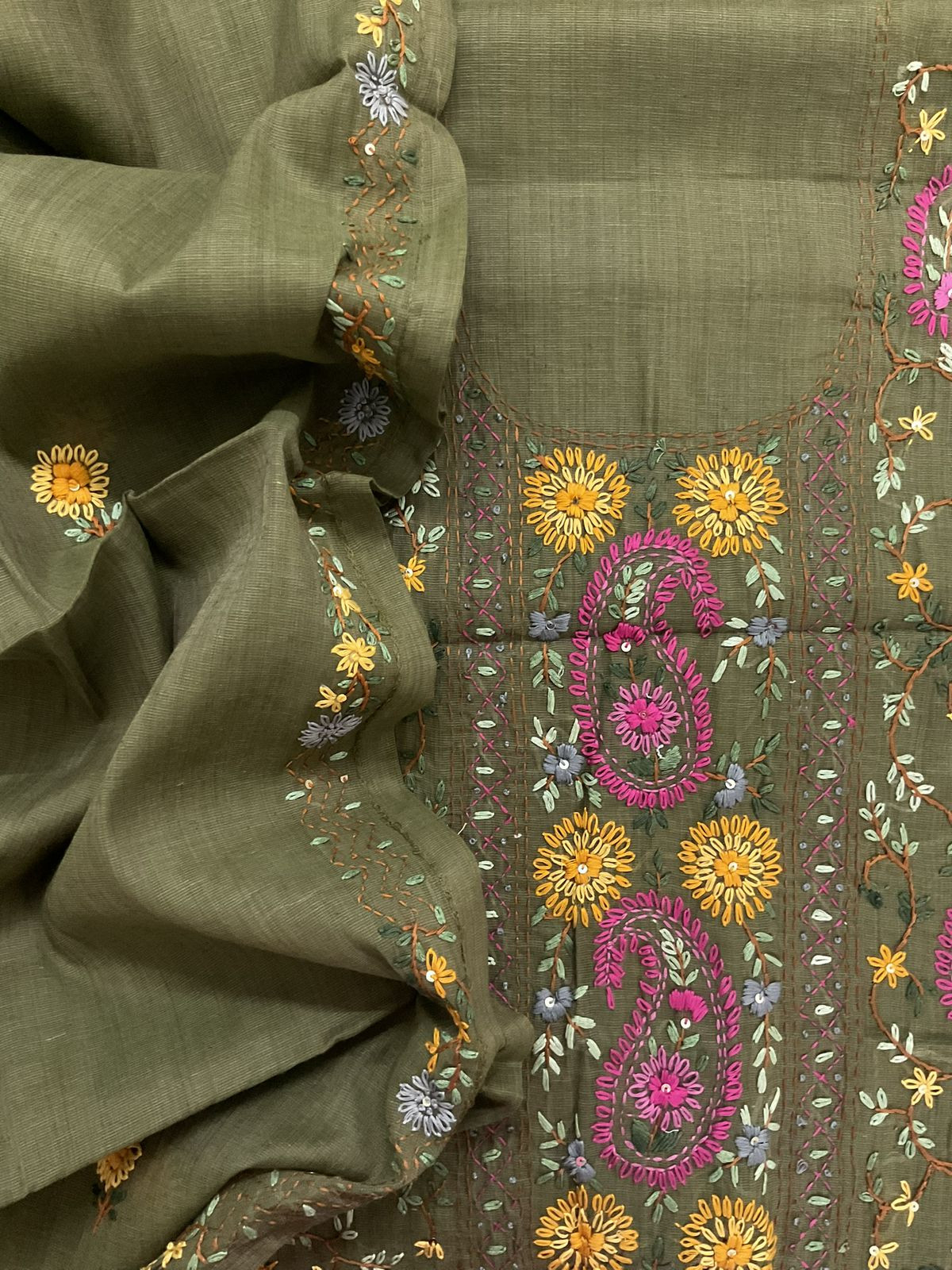 Pure Slub Cotton Kantha Work Suit - Green