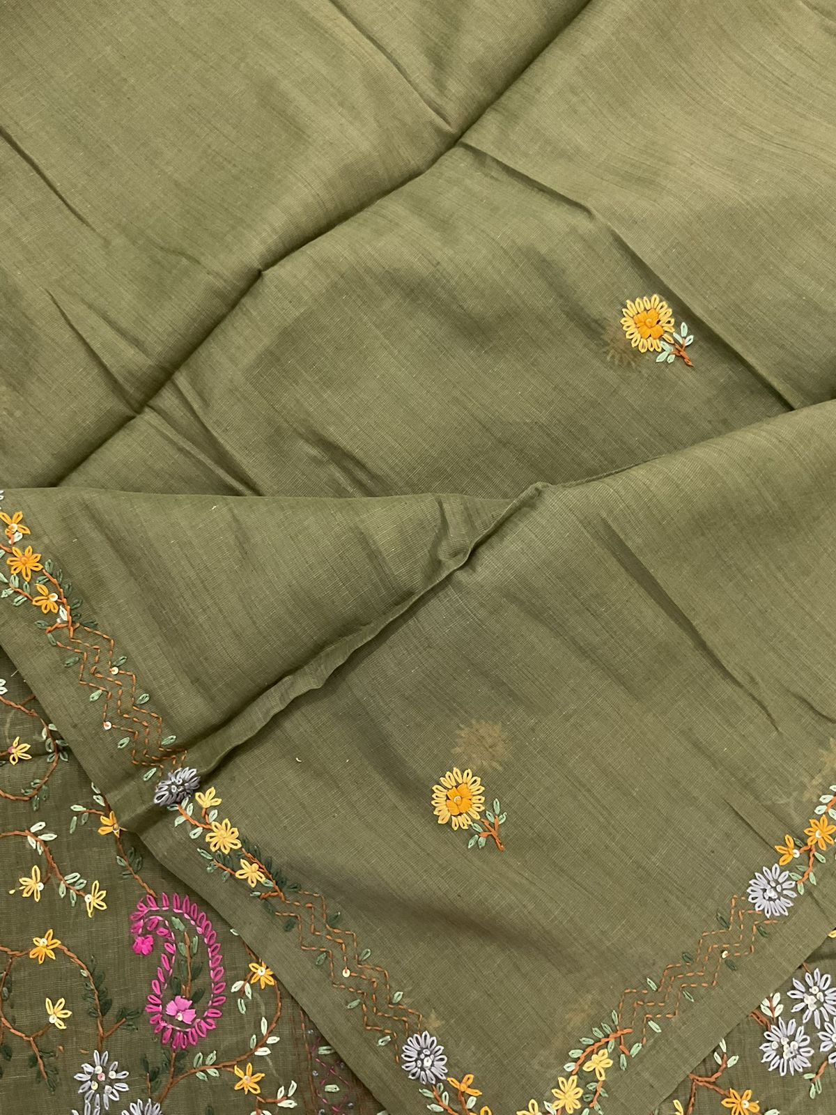 Pure Slub Cotton Kantha Work Suit - Green