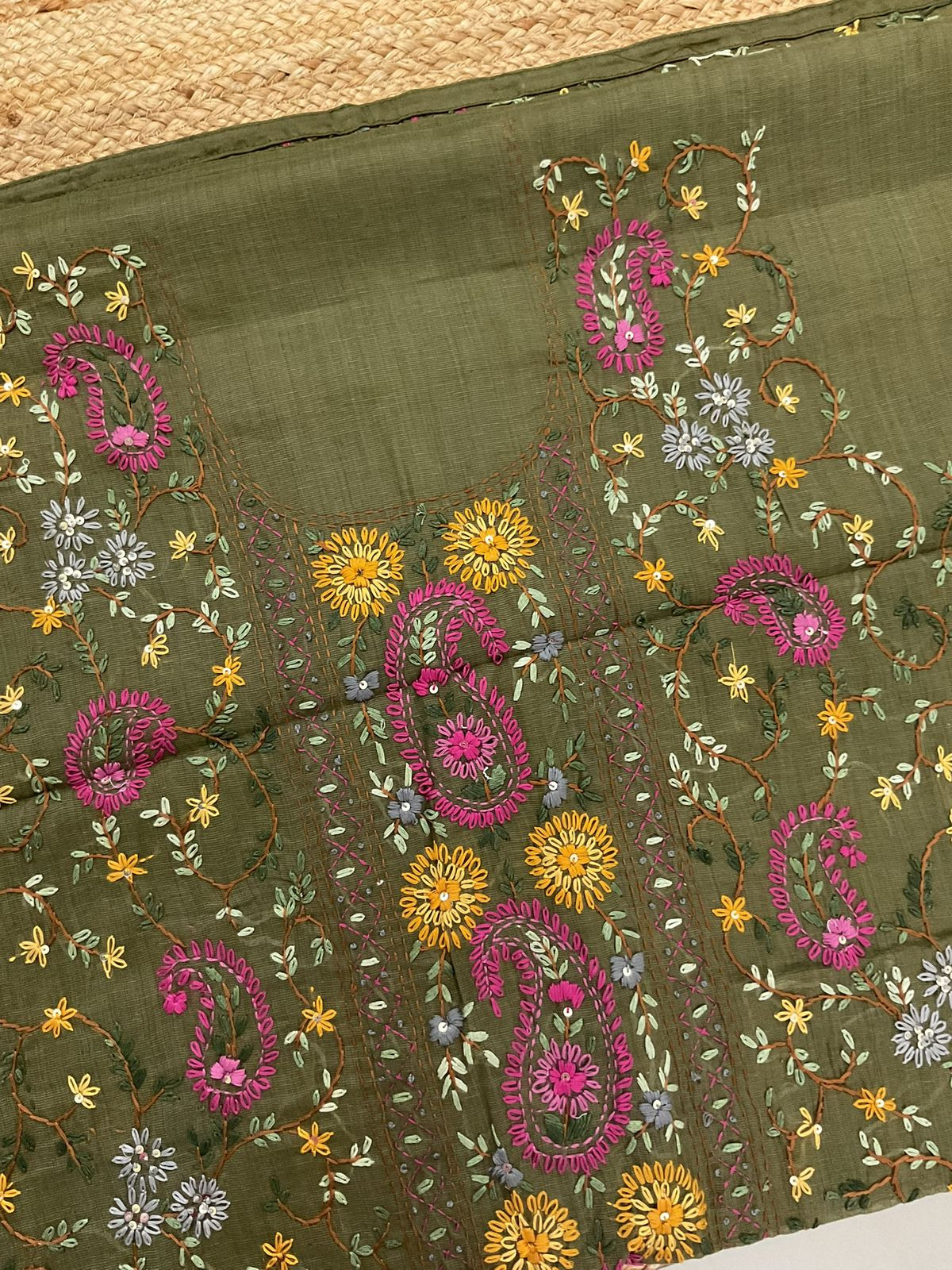Pure Slub Cotton Kantha Work Suit - Green