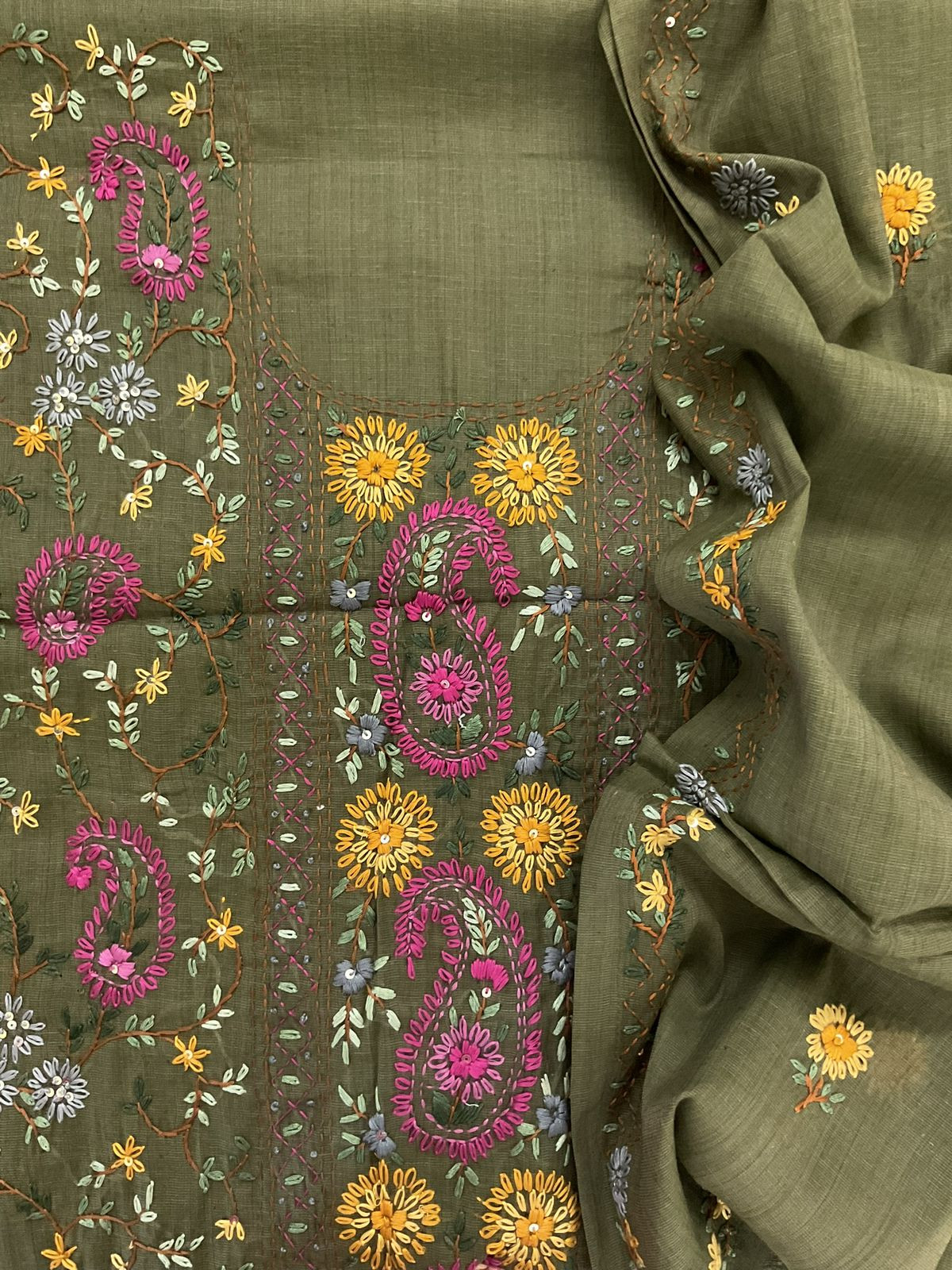 Pure Slub Cotton Kantha Work Suit - Green