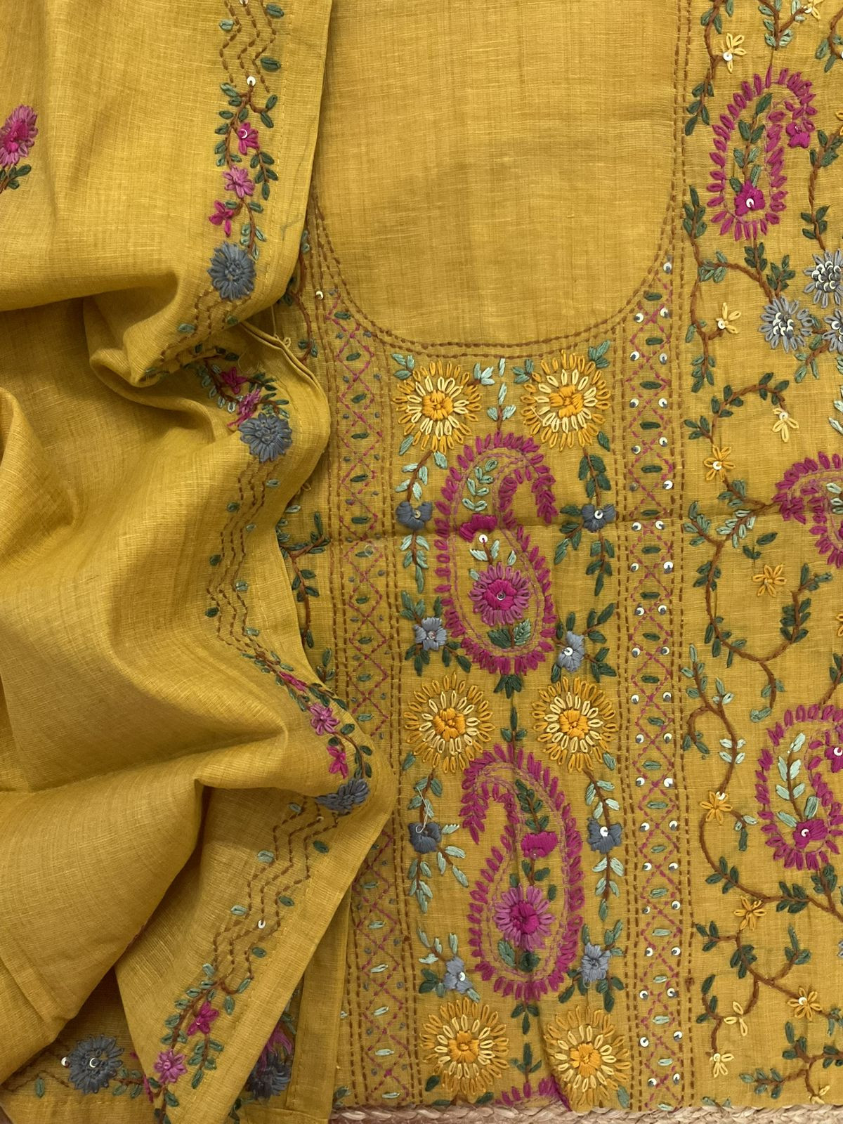 Pure Slub Cotton Kantha Work Suit - Mustard