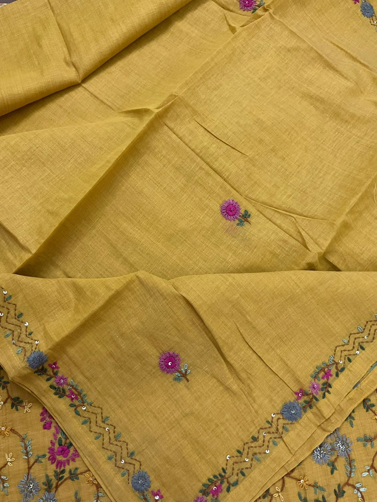 Pure Slub Cotton Kantha Work Suit - Mustard