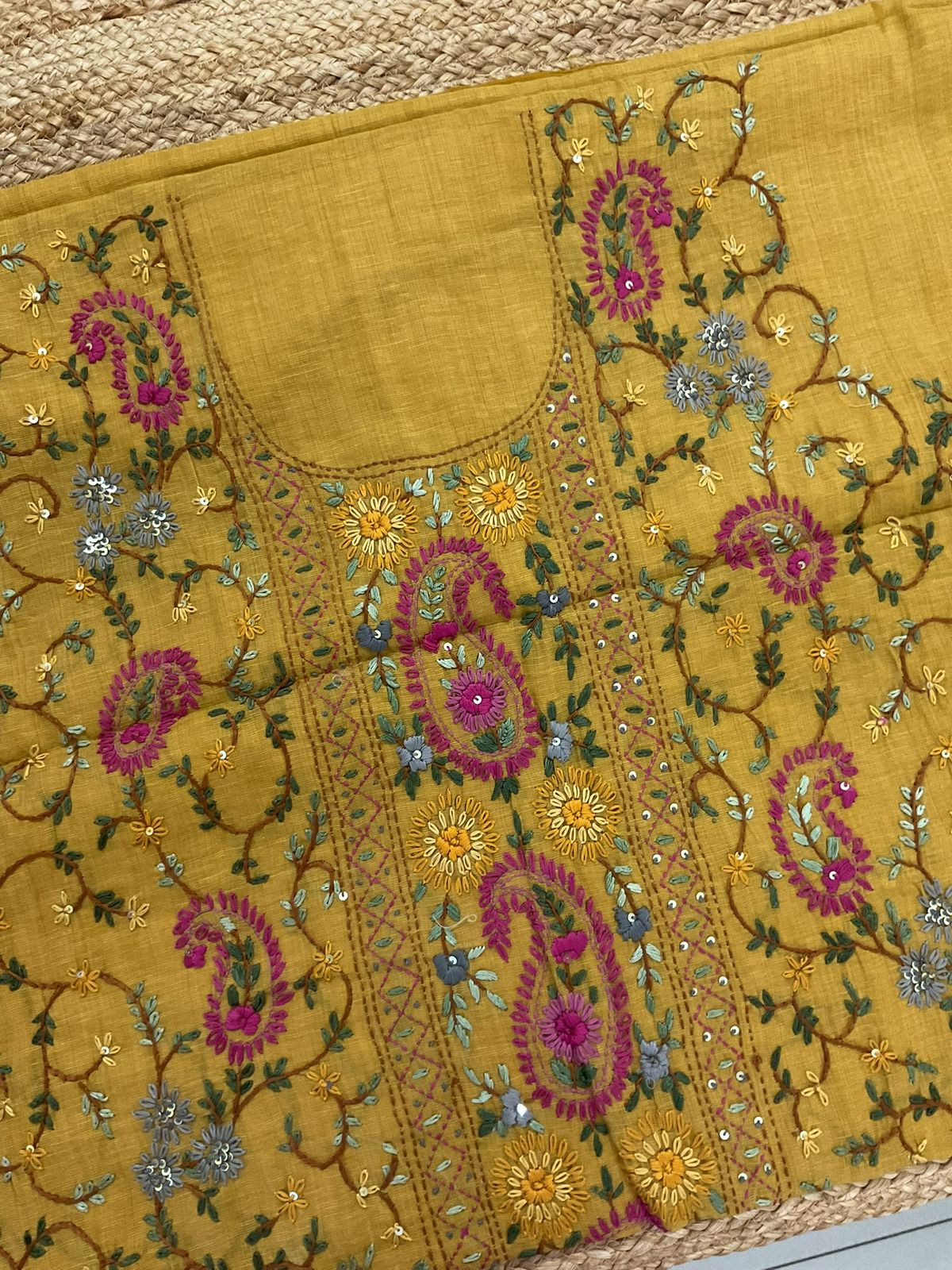 Pure Slub Cotton Kantha Work Suit - Mustard