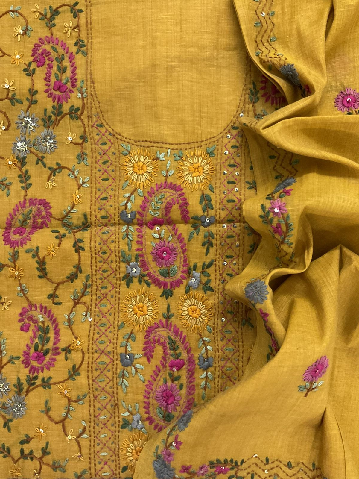 Pure Slub Cotton Kantha Work Suit - Mustard