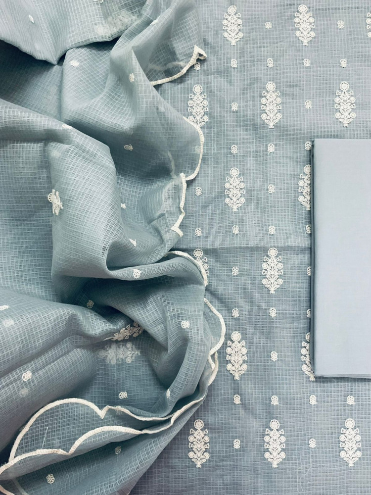 Image of Soft Kota Silk Embroidered Suit - Grey