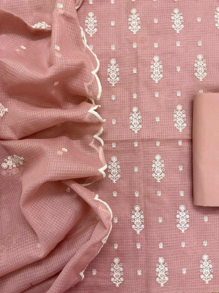 Image of Soft Kota Silk Embroidered Suit - Peach