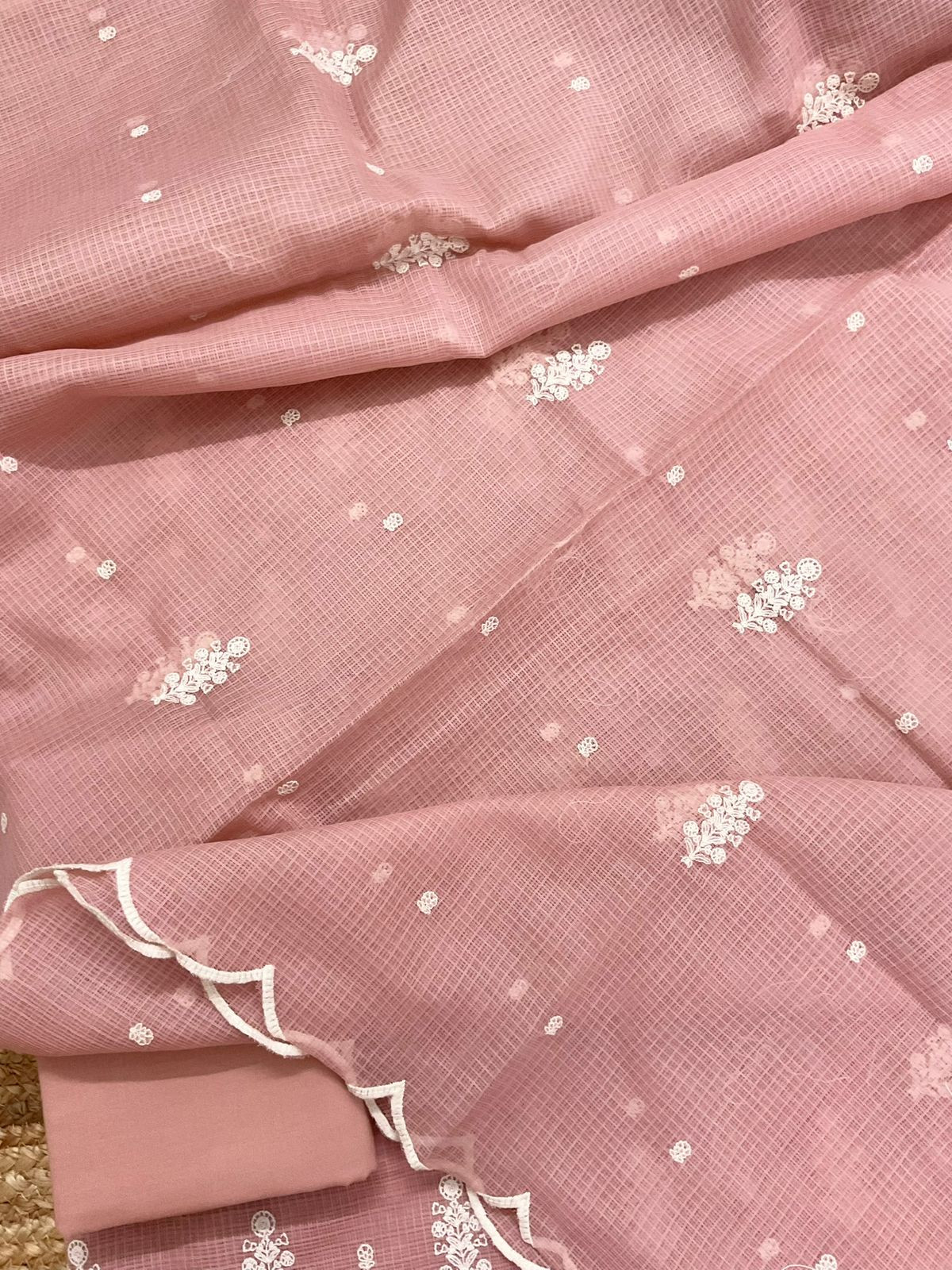 Soft Kota Silk Embroidered Suit - Peach