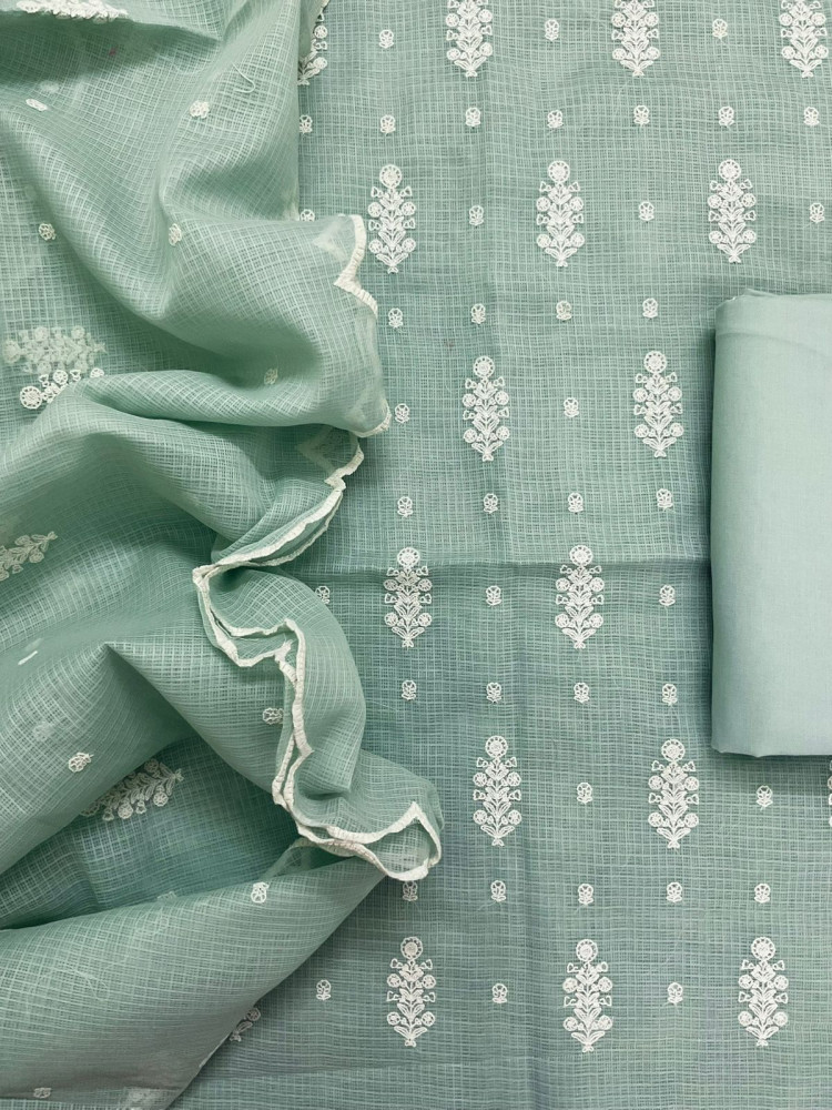 Image of Soft Kota Silk Embroidered Suit - Green
