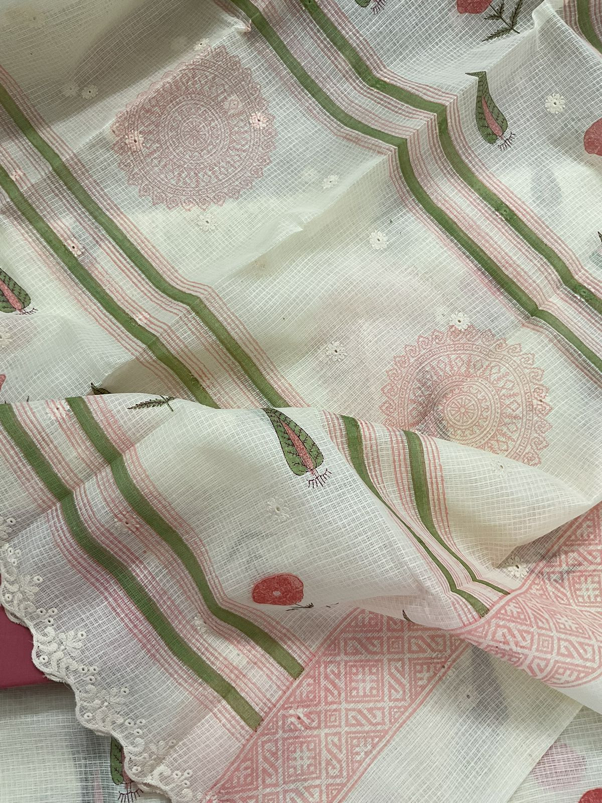Pure Kota Cotton Printed Embroidered Suit - Cream