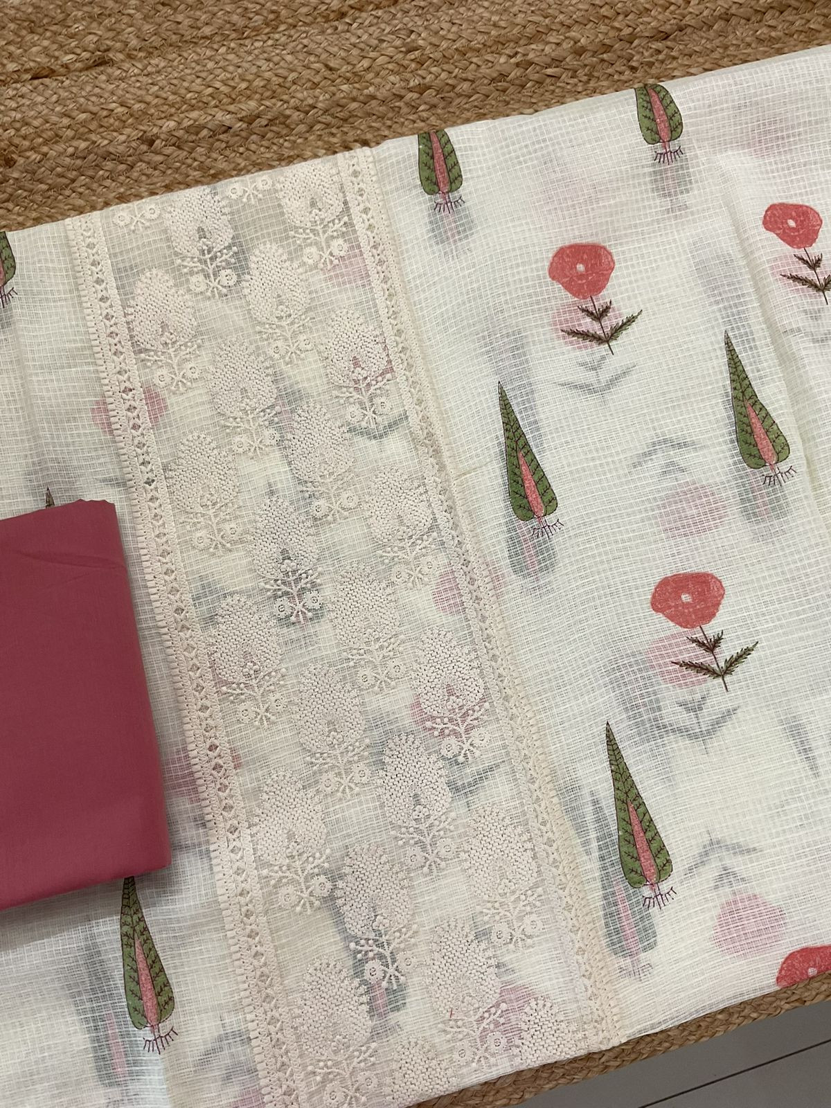 Pure Kota Cotton Printed Embroidered Suit - Cream