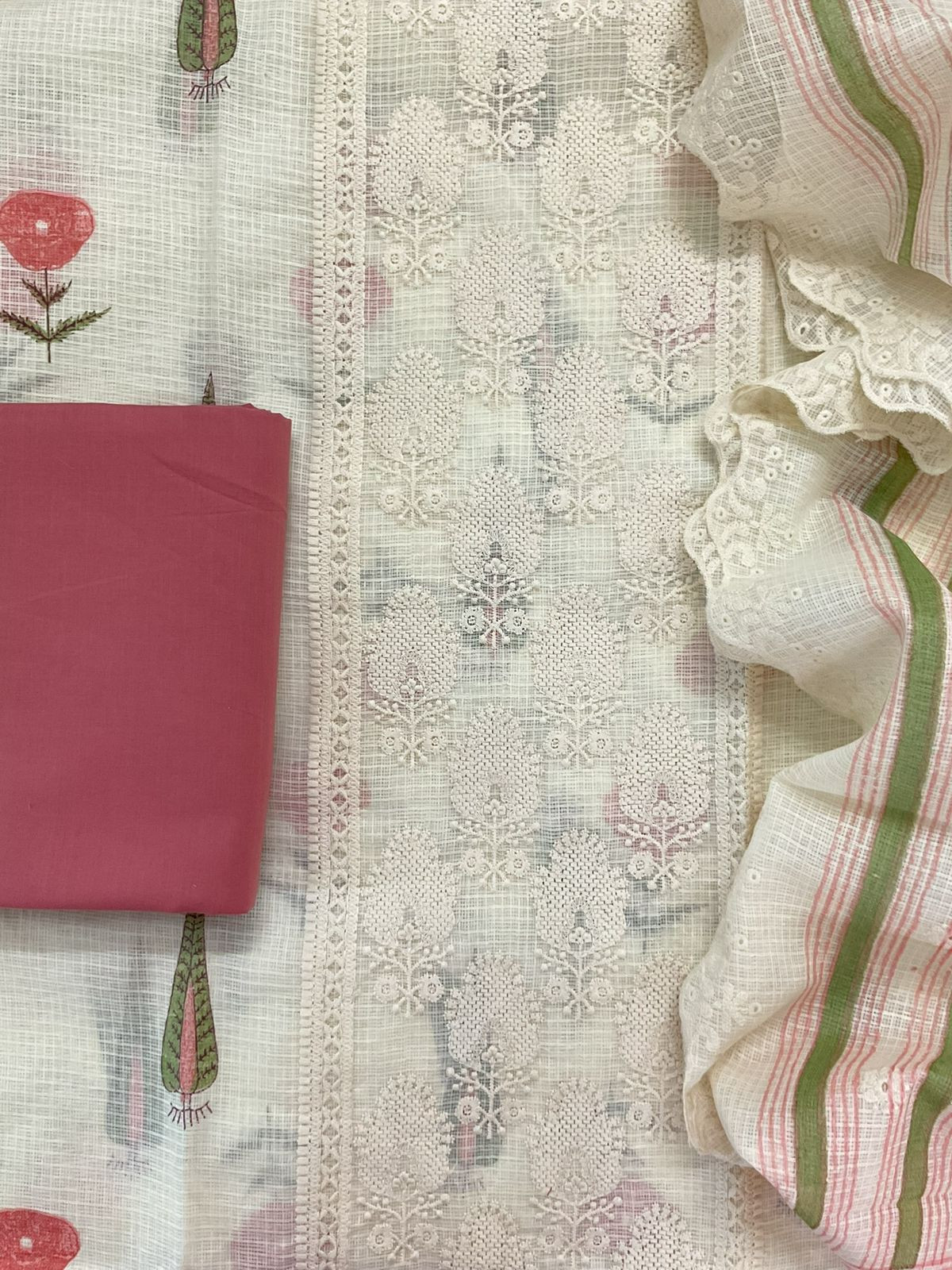 Pure Kota Cotton Printed Embroidered Suit - Cream