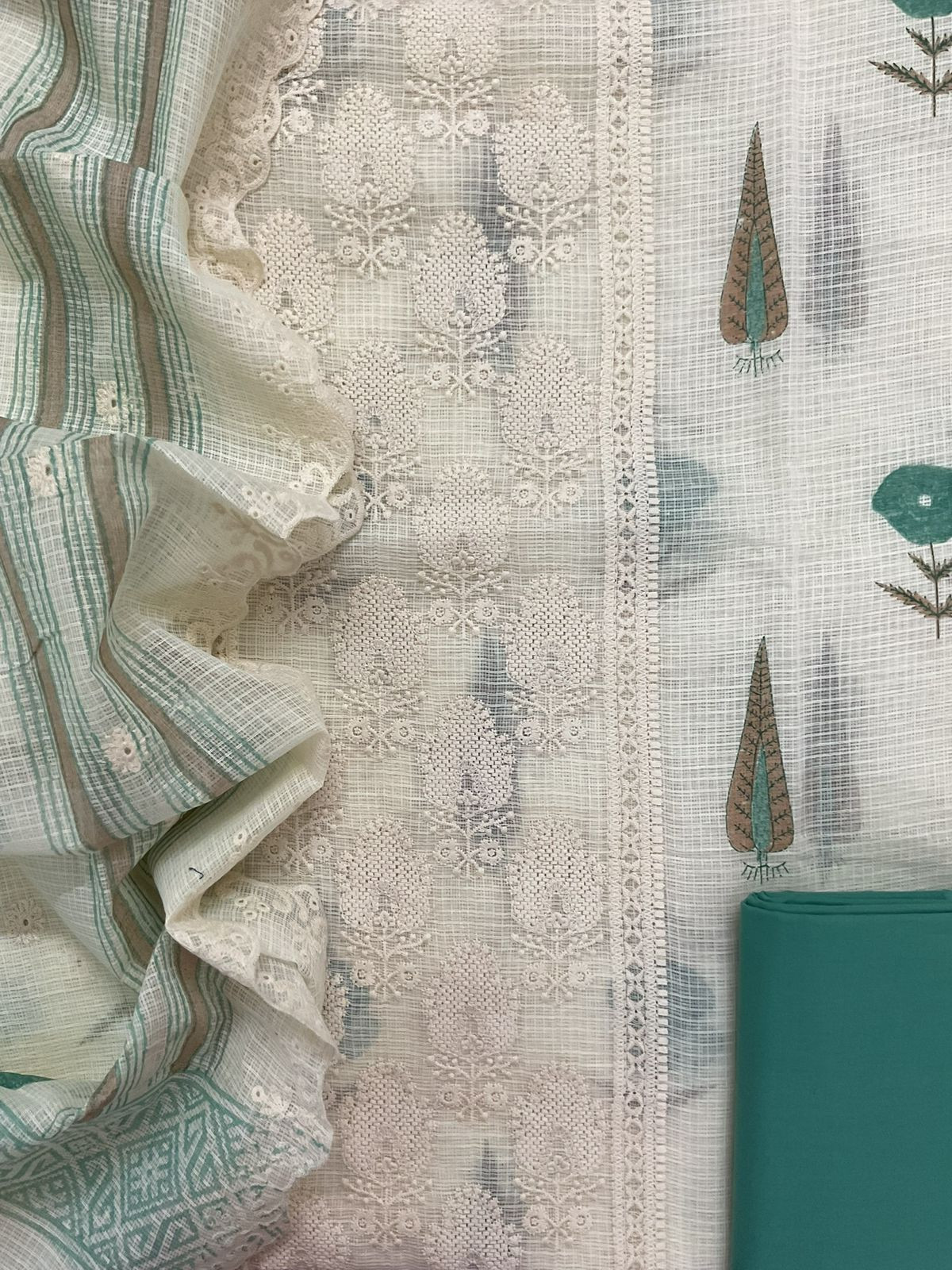 Pure Kota Cotton Printed Embroidered Suit - Cream